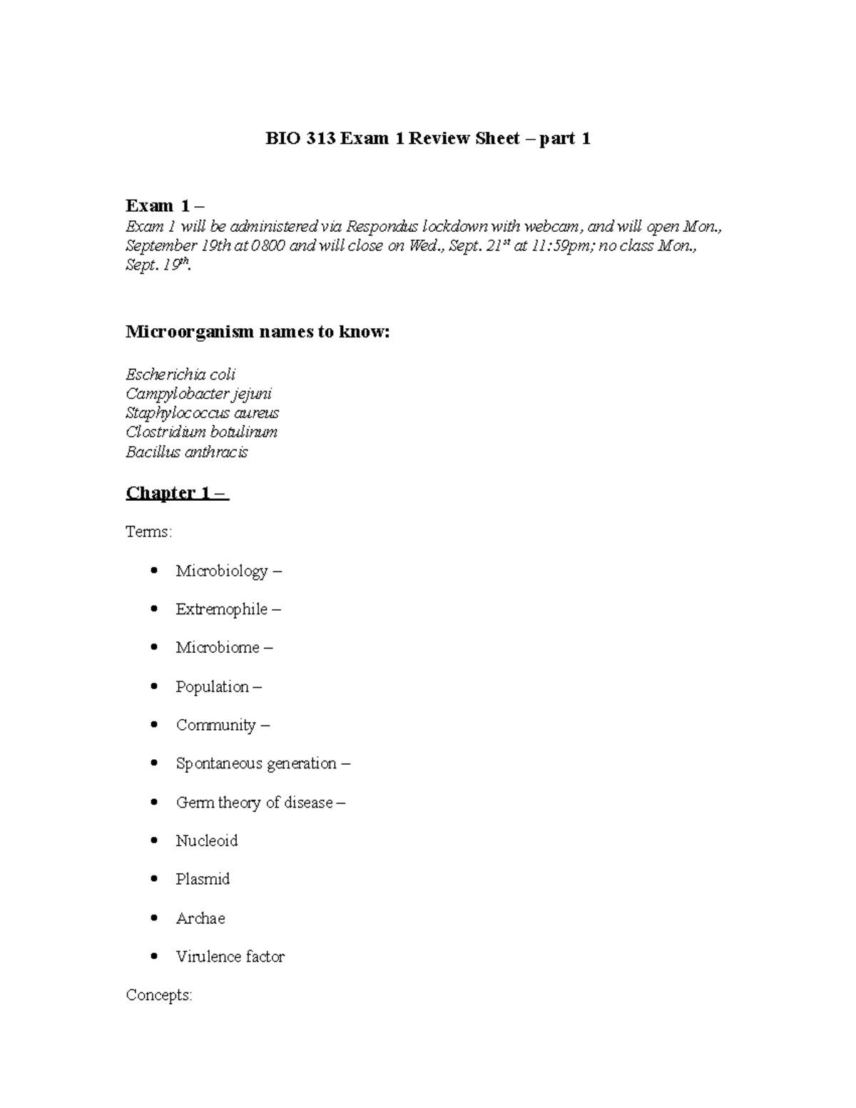 BIO313 Exam 1 Study Guide Part 1 - BIO 313 Exam 1 Review Sheet – Part 1 ...