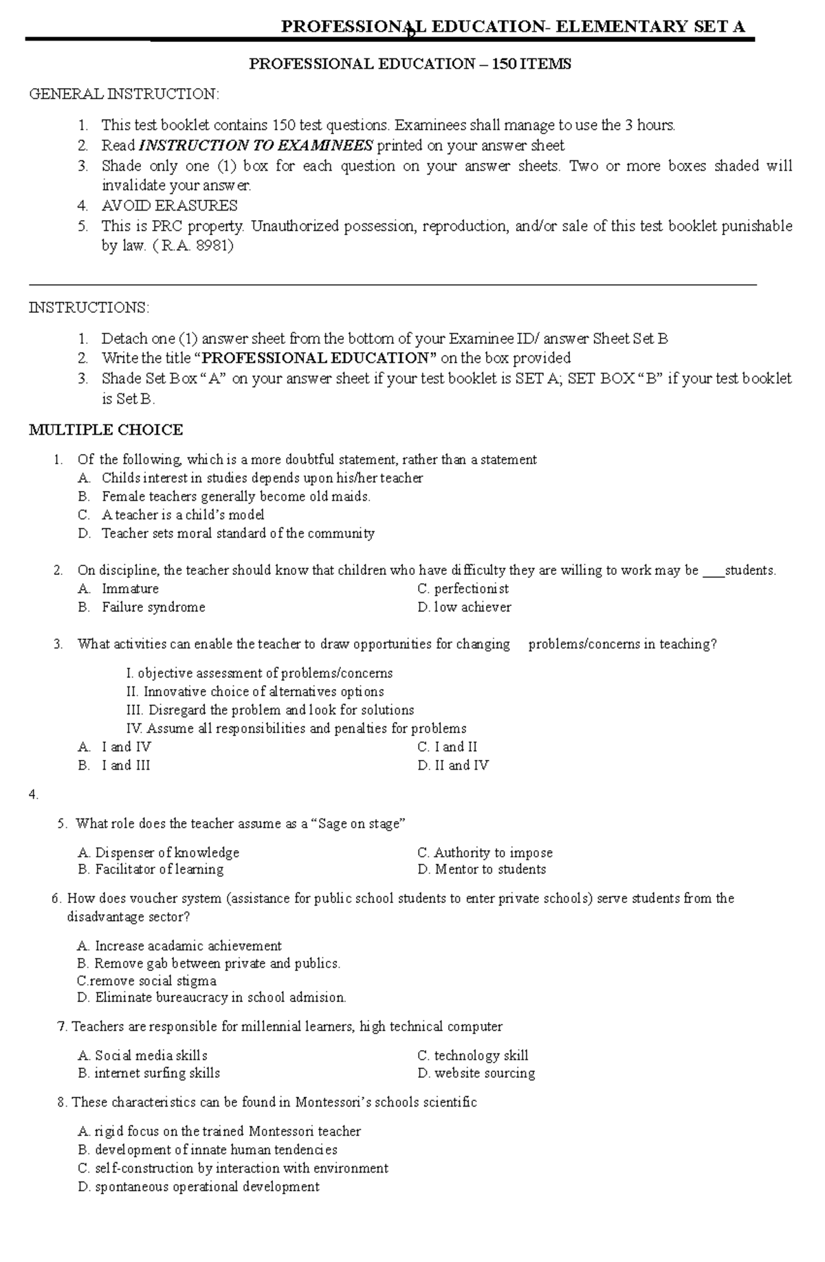 PROF ED SET A March 2017 1 - p PROFESSIONAL EDUCATION – 150 ITEMS ...