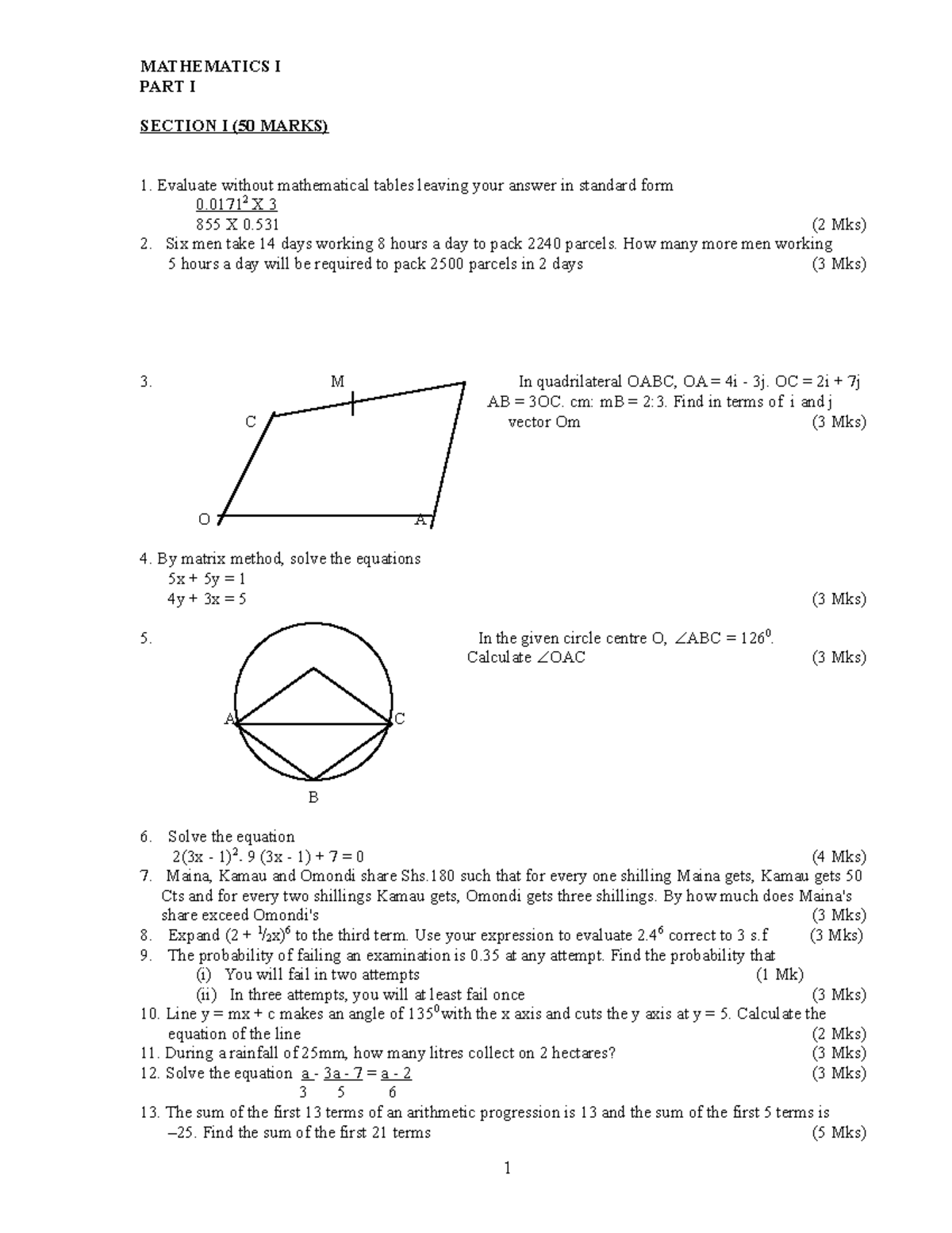 3. KCSE Revision Mathematics - MATHEMATICS I PART I SECTION I (50 MARKS ...