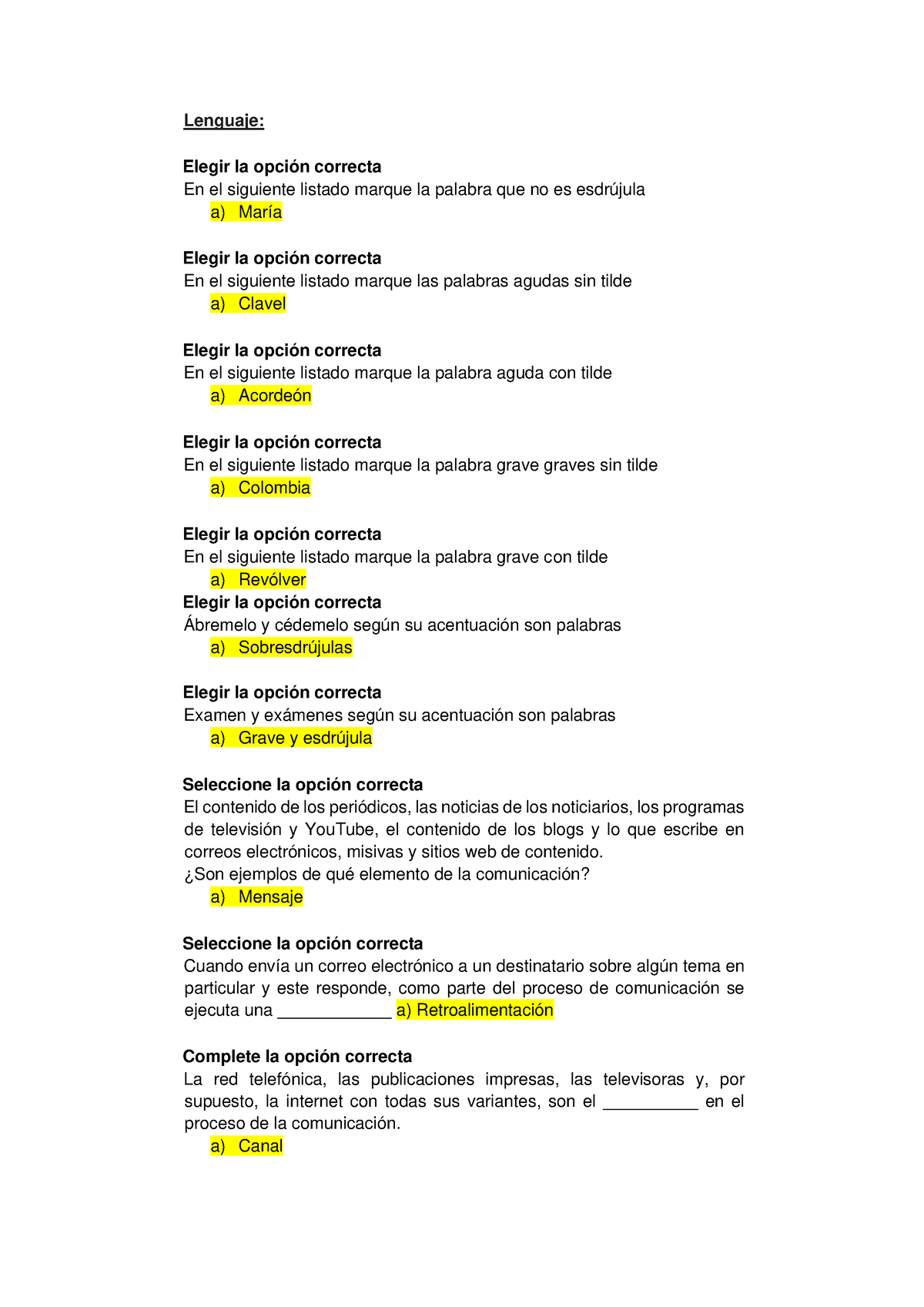 Lenguaje Ug Lenguaje Elegir La Opción Correcta En El Siguiente