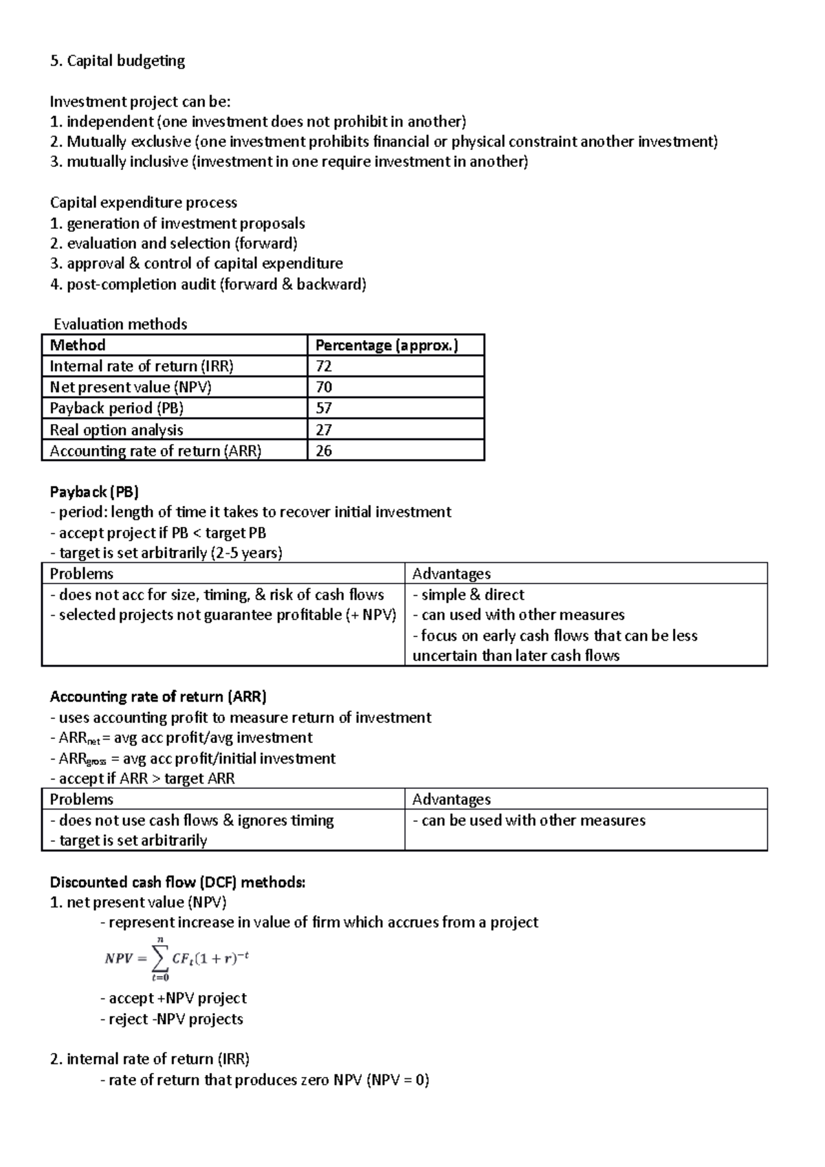 Finance - Lecture notes 5-7 - Capital budgeting Investment project can ...