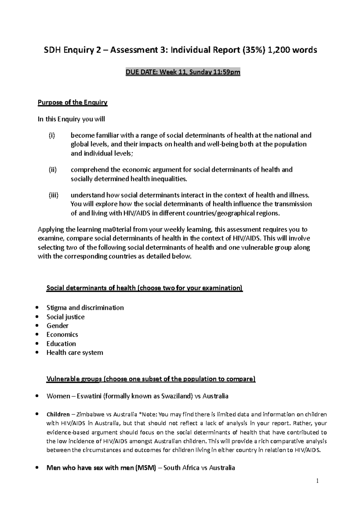 SDH Assessment 3 Task Structure and Rubric 202303 - SDH Enquiry 2 ...