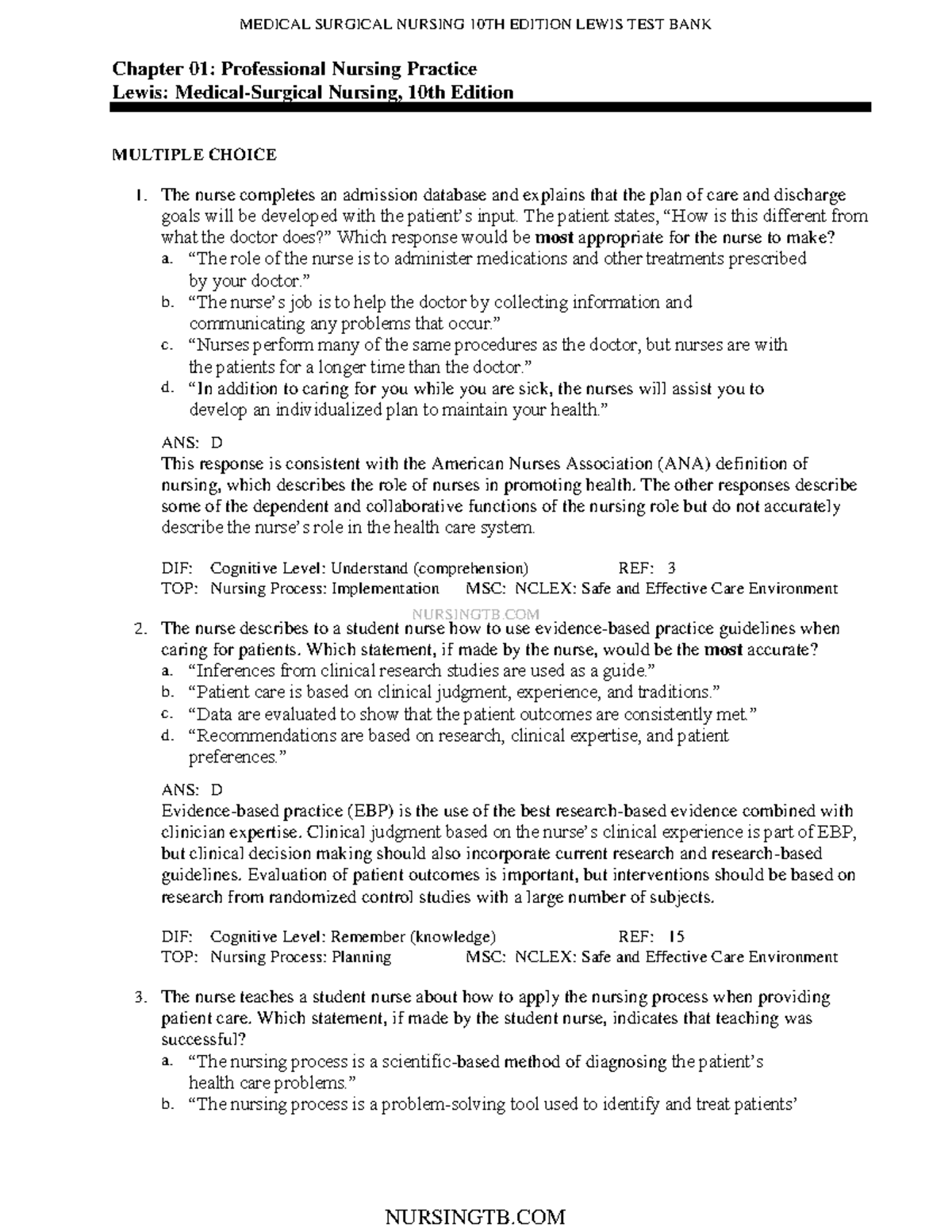 C1 Med Surg Test 9 - NURSINGTB Chapter 01: Professional Nursing ...