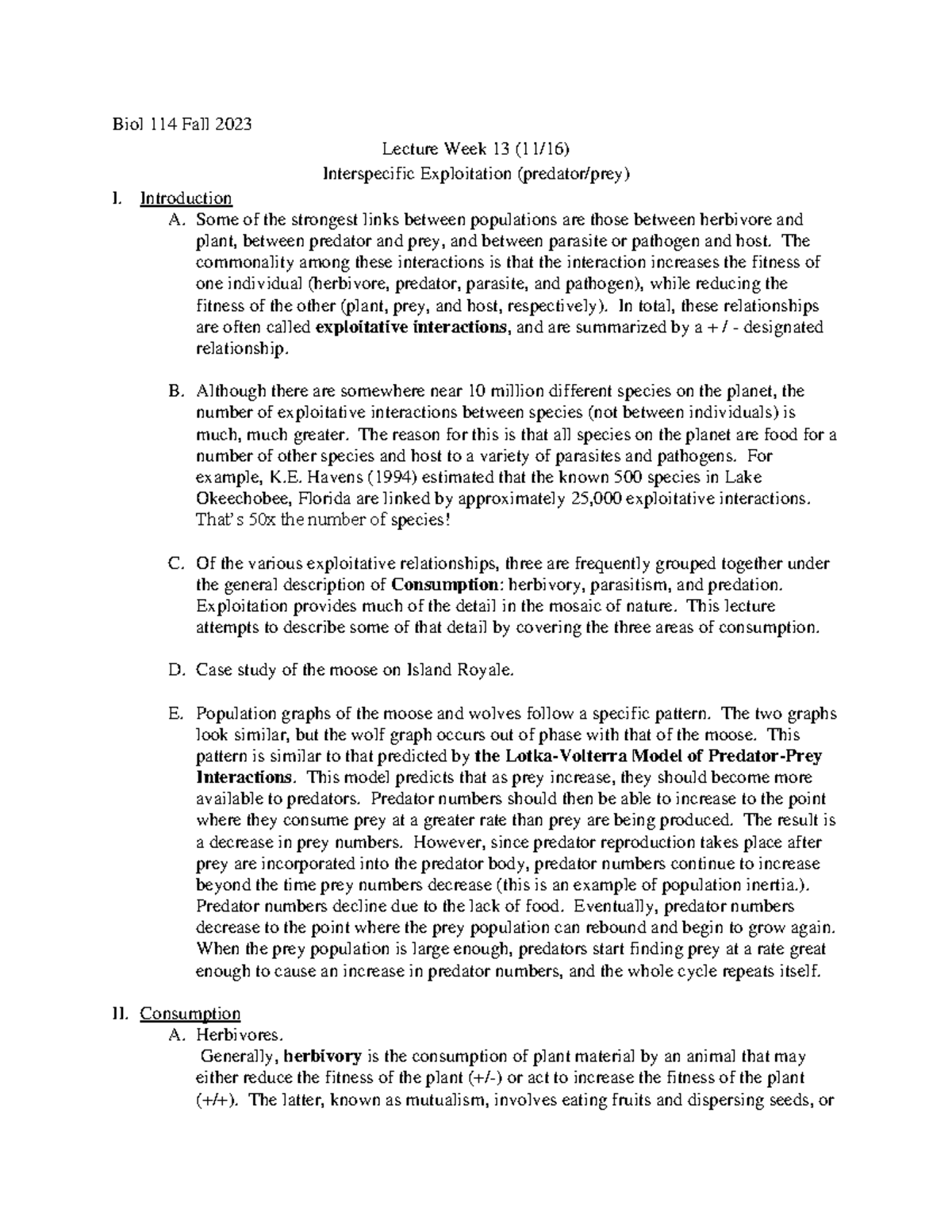 Lecture week 13 (11-16) - Notes Interspecies exploitation - Biol 114 ...