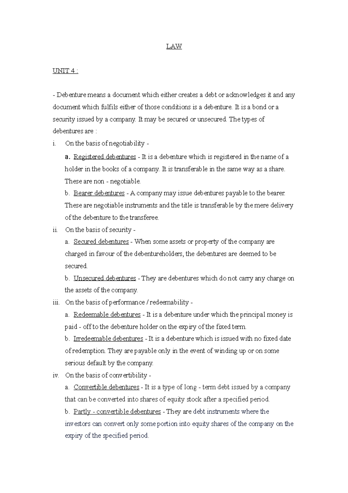LAW important notes for exam LAW UNIT 4 Debenture means a