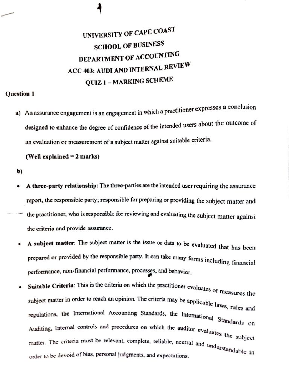 Audit Quiz Ms Learning Material University Of Cape Coast School Of