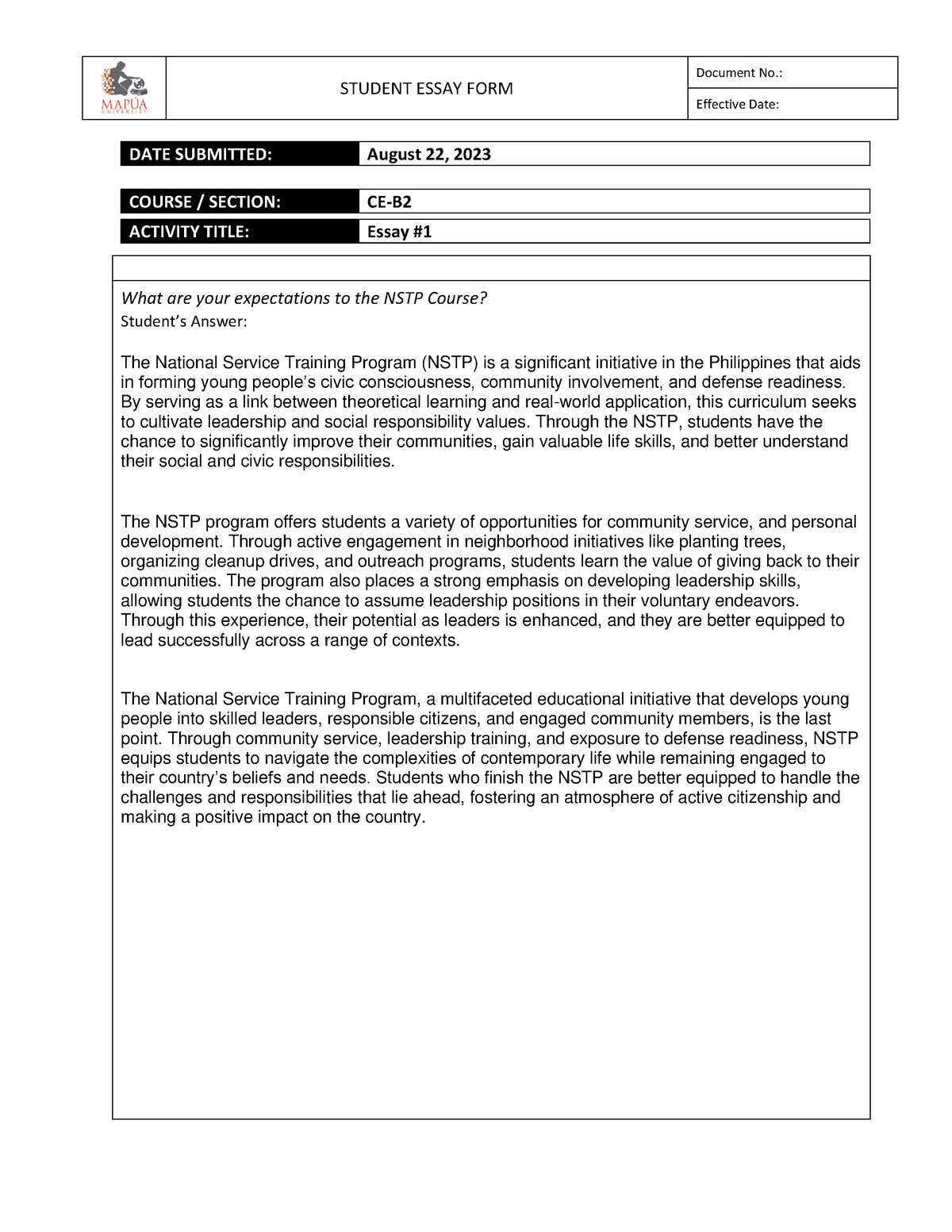 Form - NSTP1 00 Essay #1 - nstp - STUDENT ESSAY FORM Document No ...