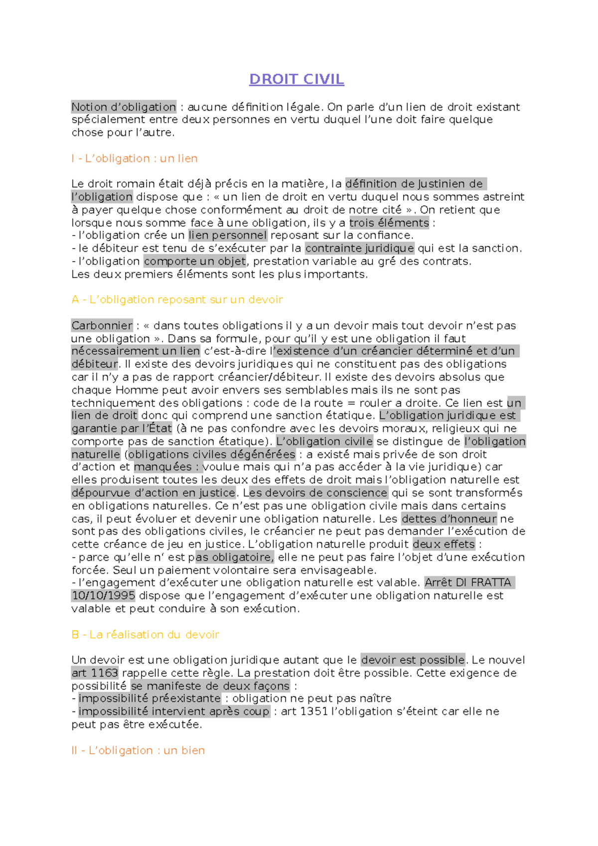 Droit Civil régime des obligations DROIT CIVIL Notion d’obligation