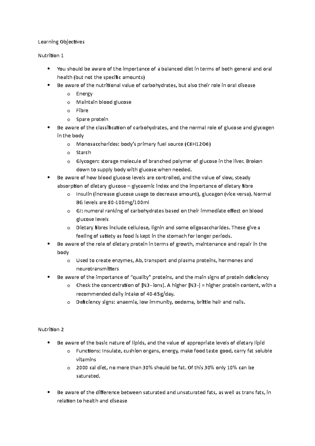 Nutrition Learning Objectives - Learning Objectives Nutrition 1 You ...