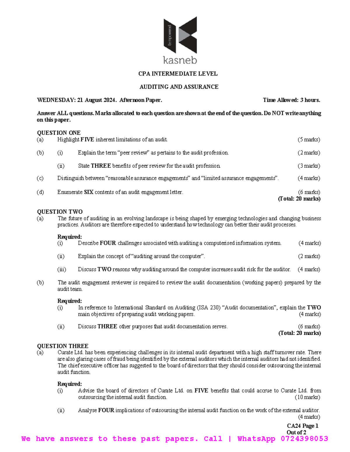 AA 2015 Aug 2024 Past Papers CA24 Page 1 Out of 2 CPA INTERMEDIATE