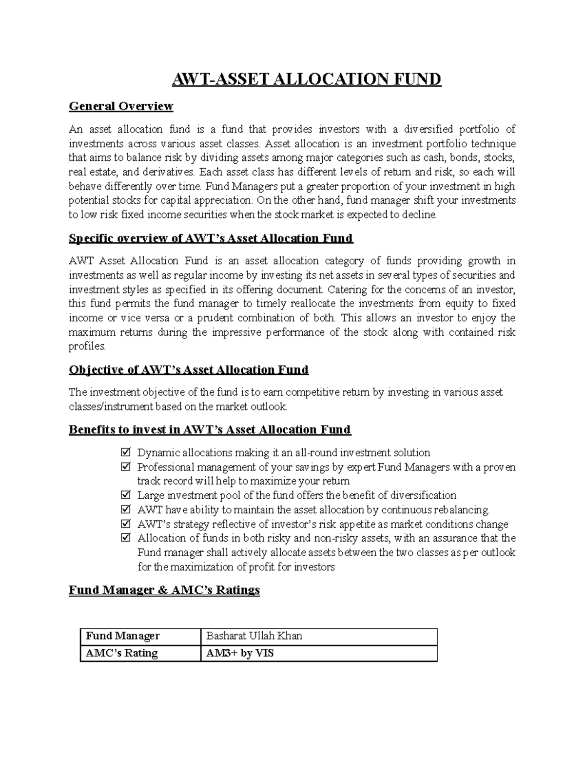 AWT Asset Allocation - Lecture notes 1-3 - AWT-ASSET ALLOCATION FUND ...