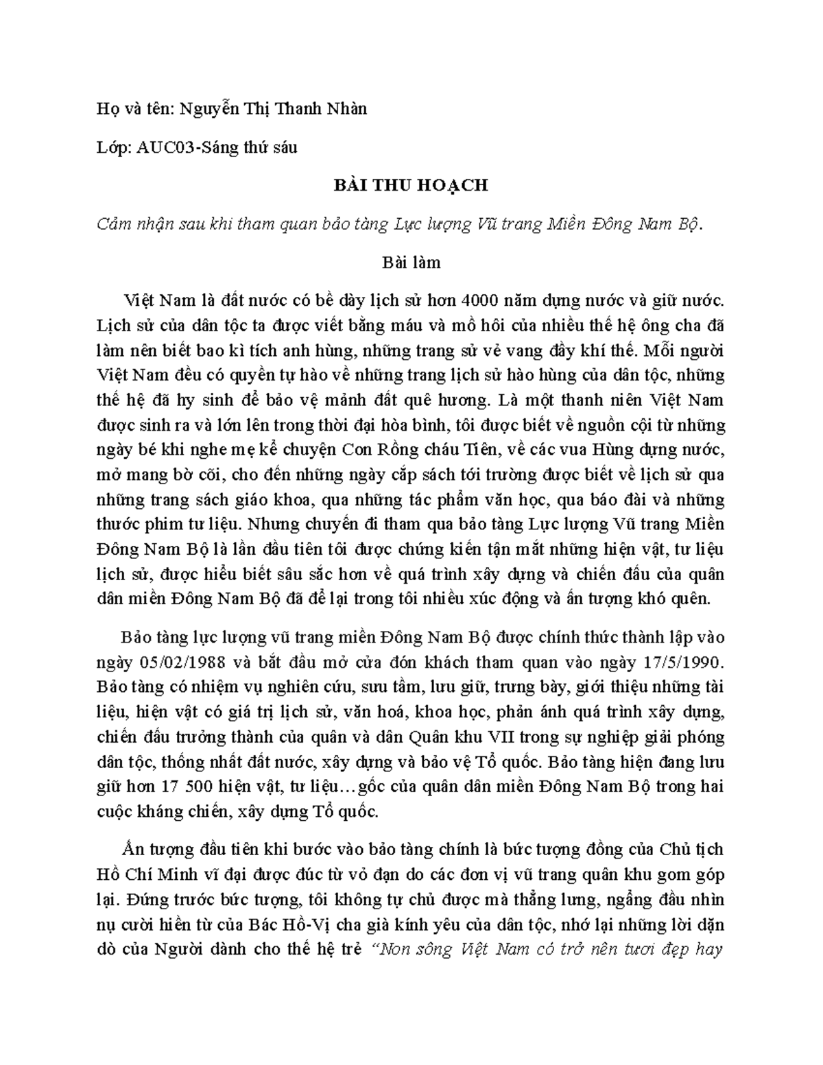BÀI THU HOẠCH lsđcsvn - Họ và tên: Nguyễn Thị Thanh Nhàn Lớp: AUC03 ...