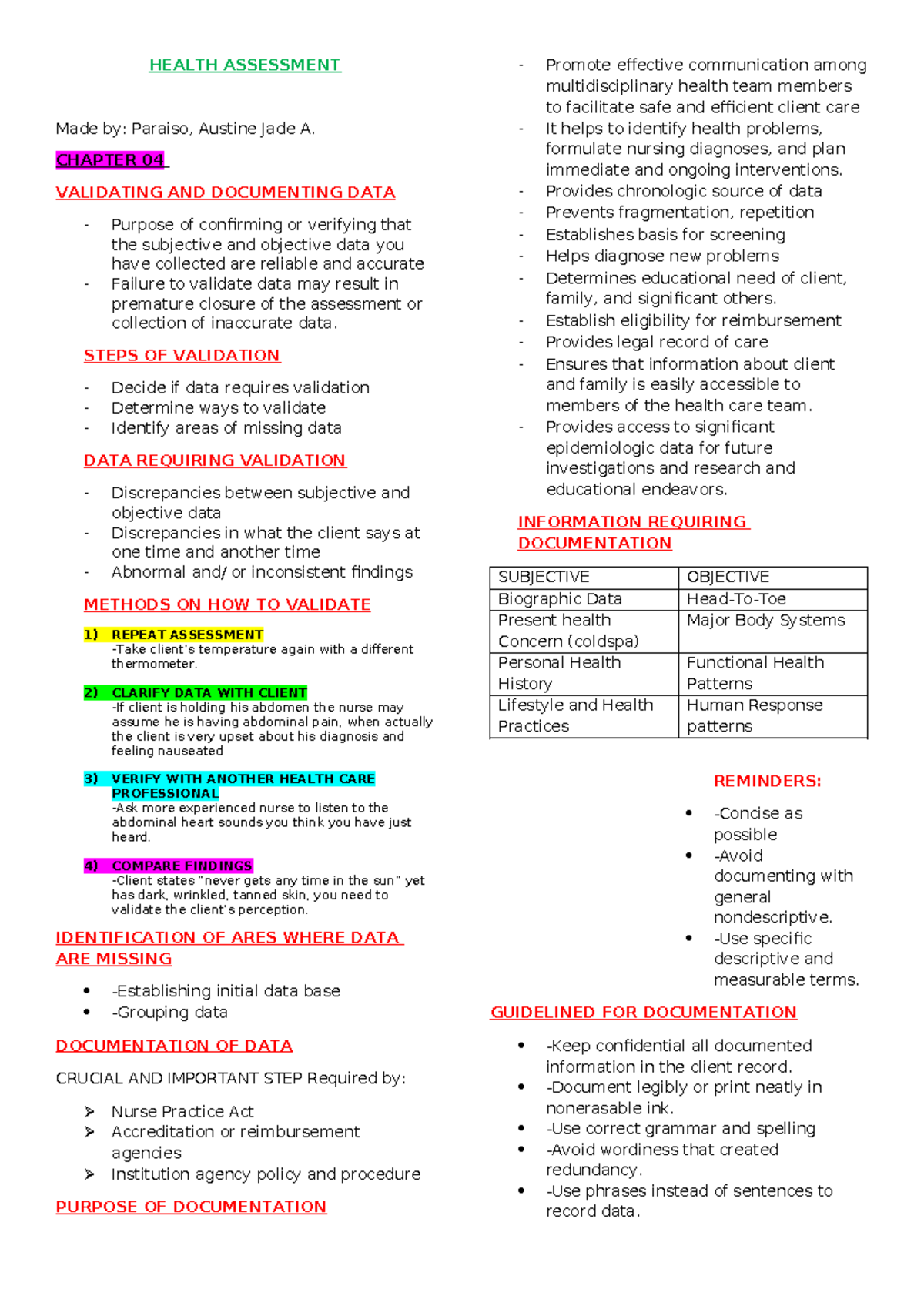 Health Assessment Chapter 4-5 - HEALTH ASSESSMENT Made By: Paraiso ...