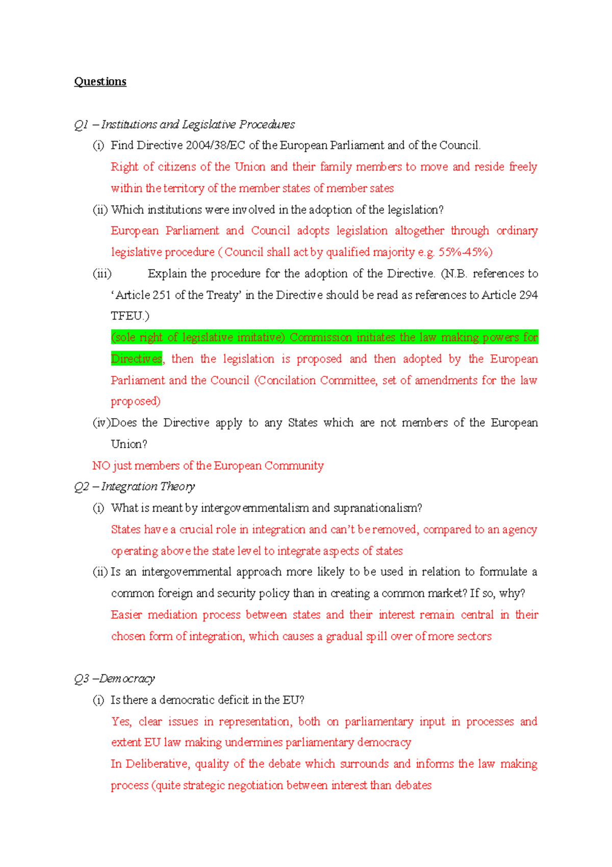 EU institutions law tutorials - Questions Q1 – Institutions and ...