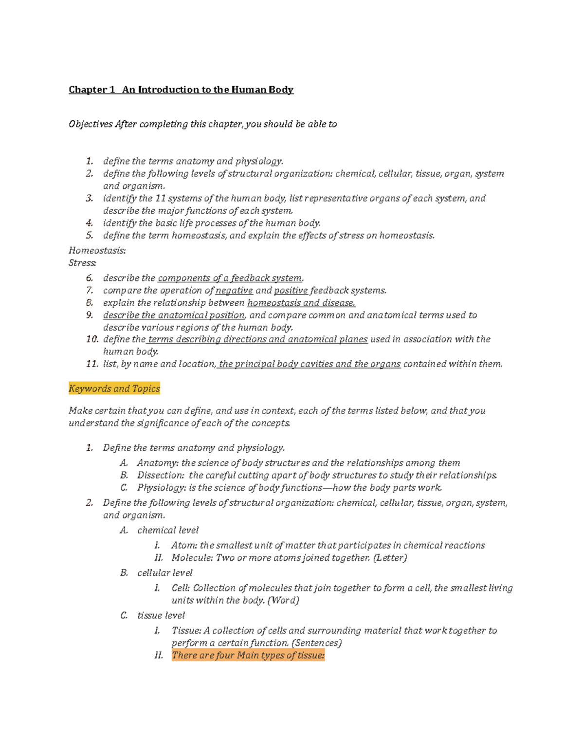 Chapter 1 A&P - Chapter 1 An Introduction to the Human Body Objectives ...