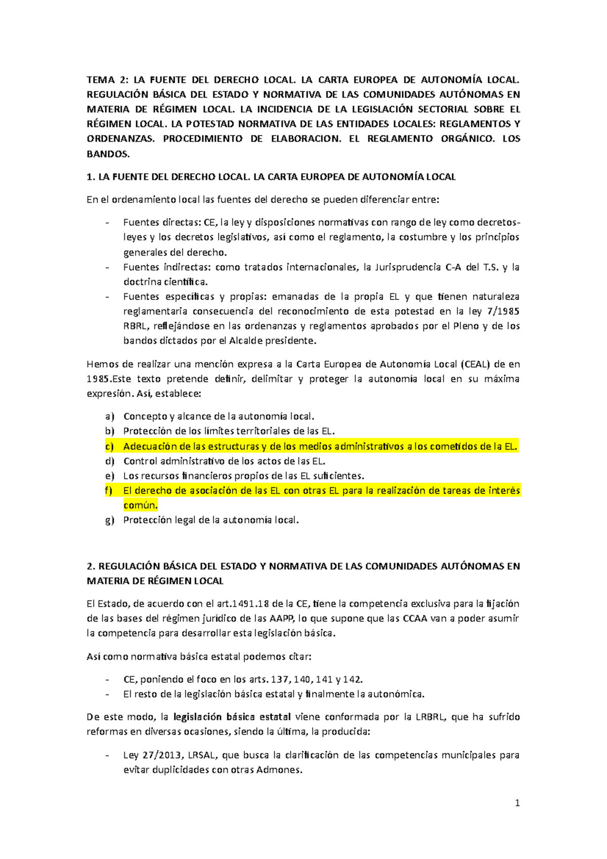 Regimen Local II TEMA 2 LA FUENTE DEL DERECHO LOCAL. LA CARTA