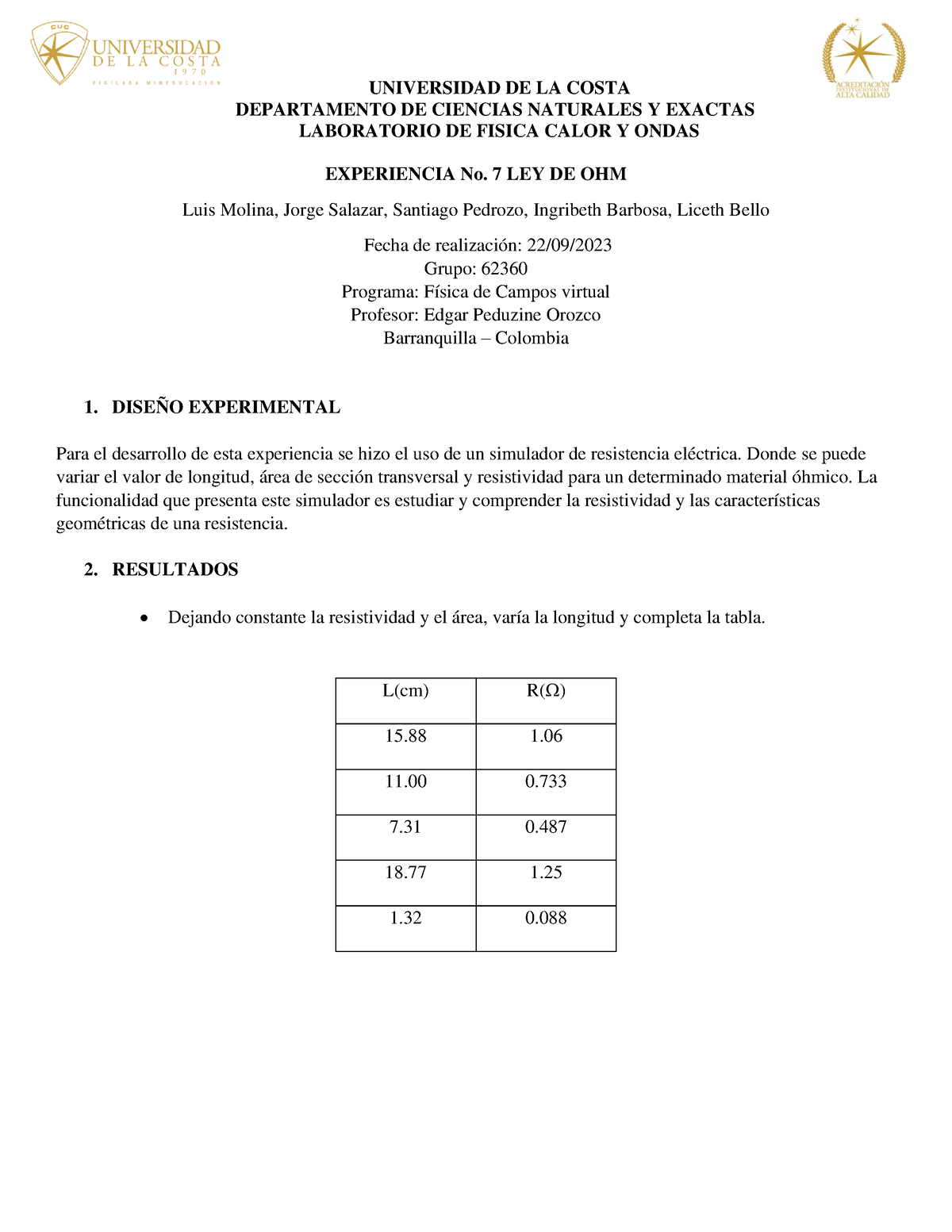 Informe Ley De Ohm - Ley De Ohm A Través De Un Simulador - DEPARTAMENTO ...