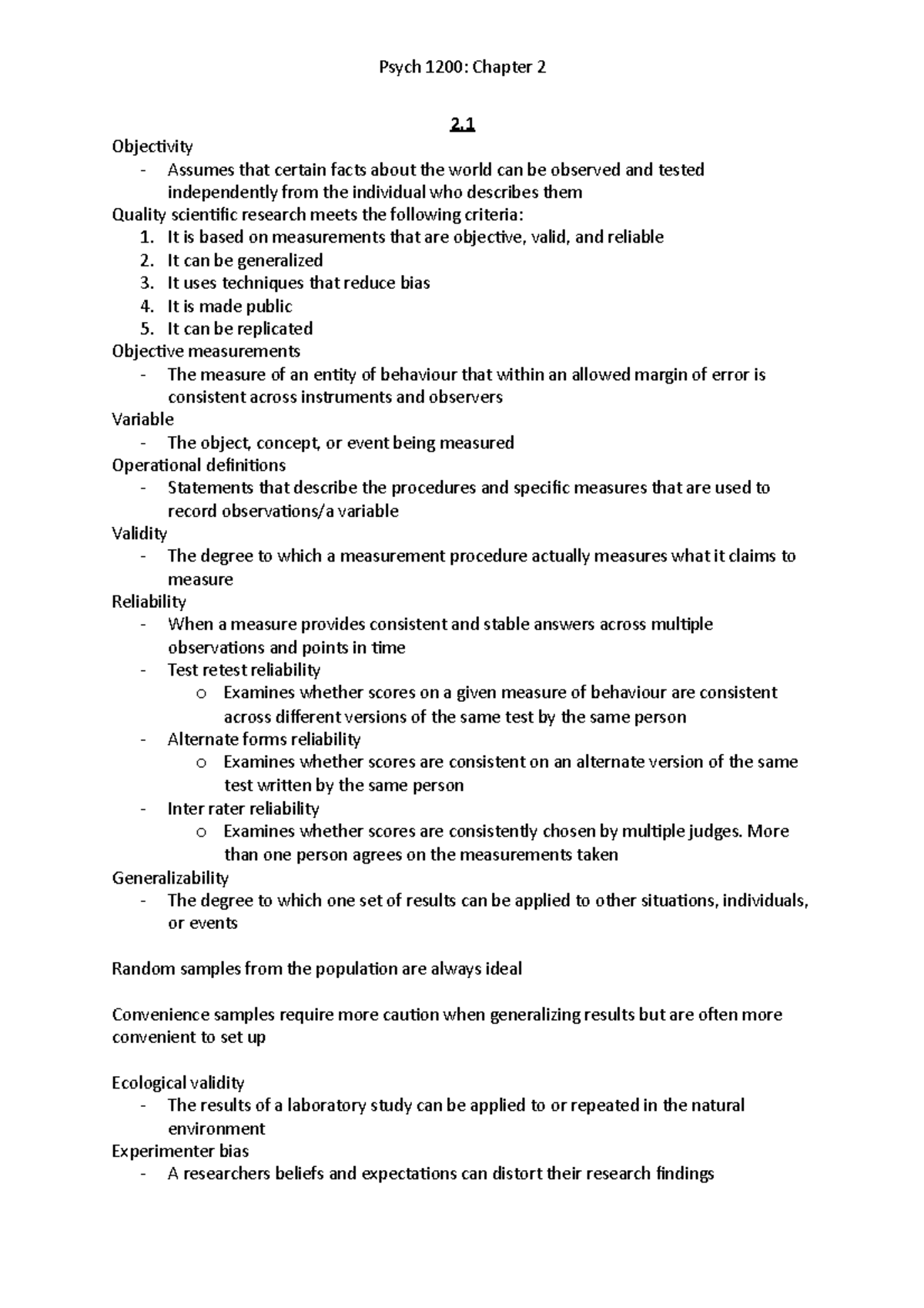 Chapter 2 Notes - With Caroline W - Psych 1200: Chapter 2 2 Objectivity ...