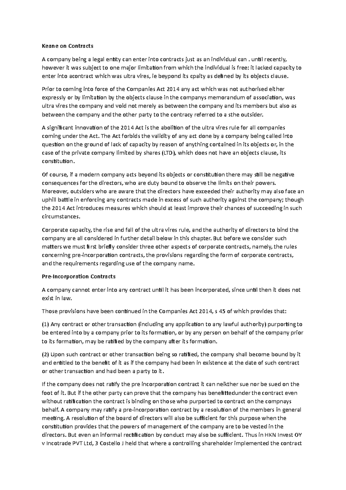 Exam notes on t5 contracts Keane on Contracts A company being a legal