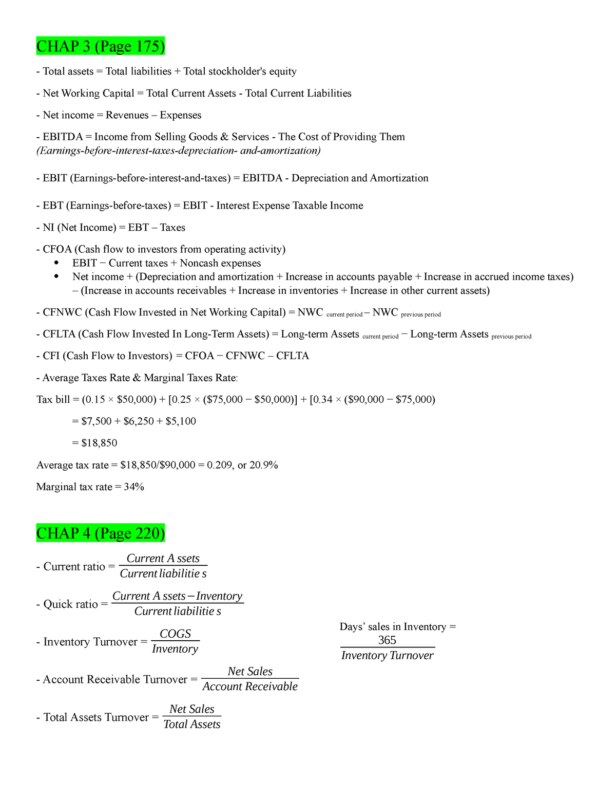 Công Thức FIN202 Chap 3 4 - CHAP 3 (Page 175) - Total Assets = Total ...