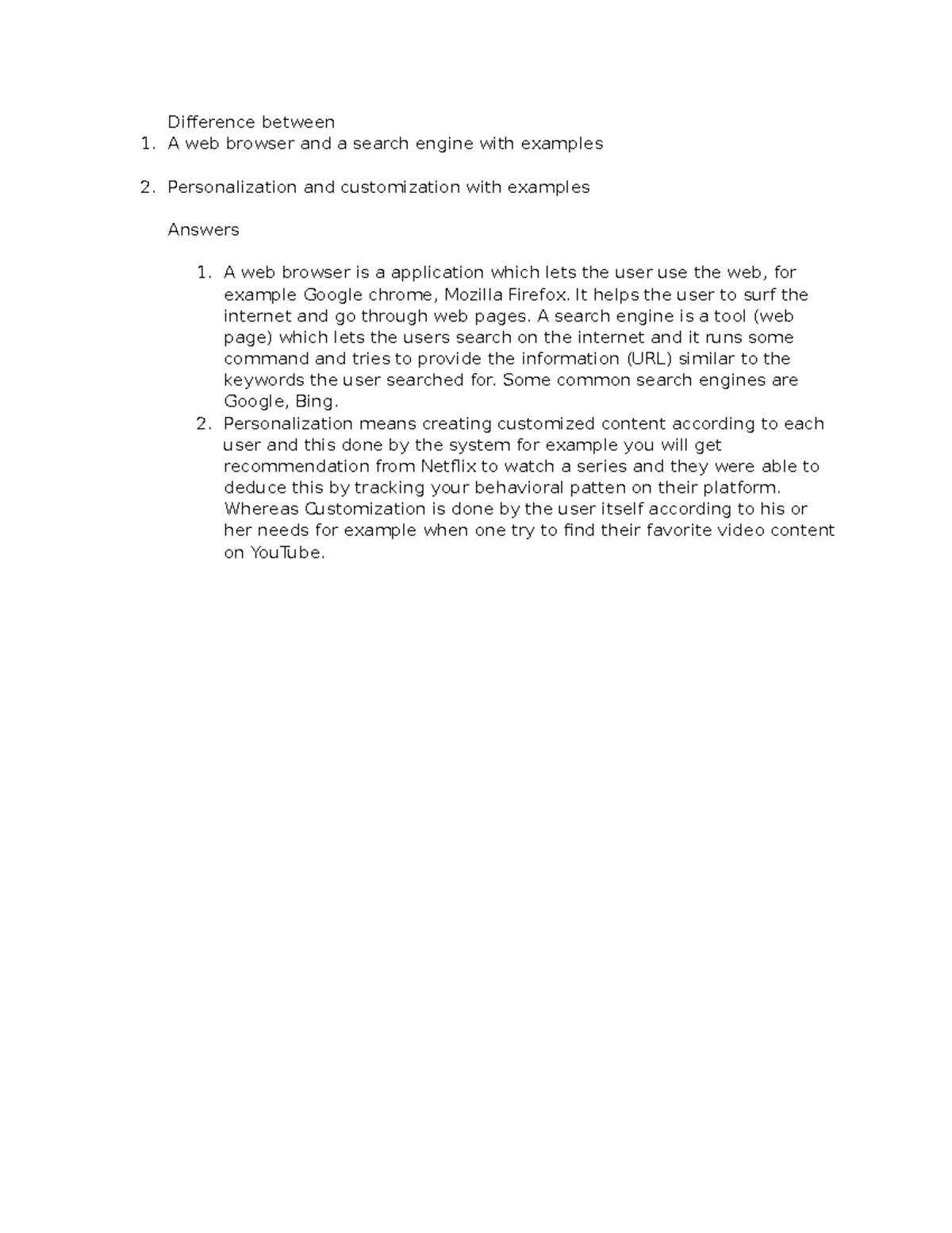 Exercise 7 - Difference between A web browser and a search engine with ...