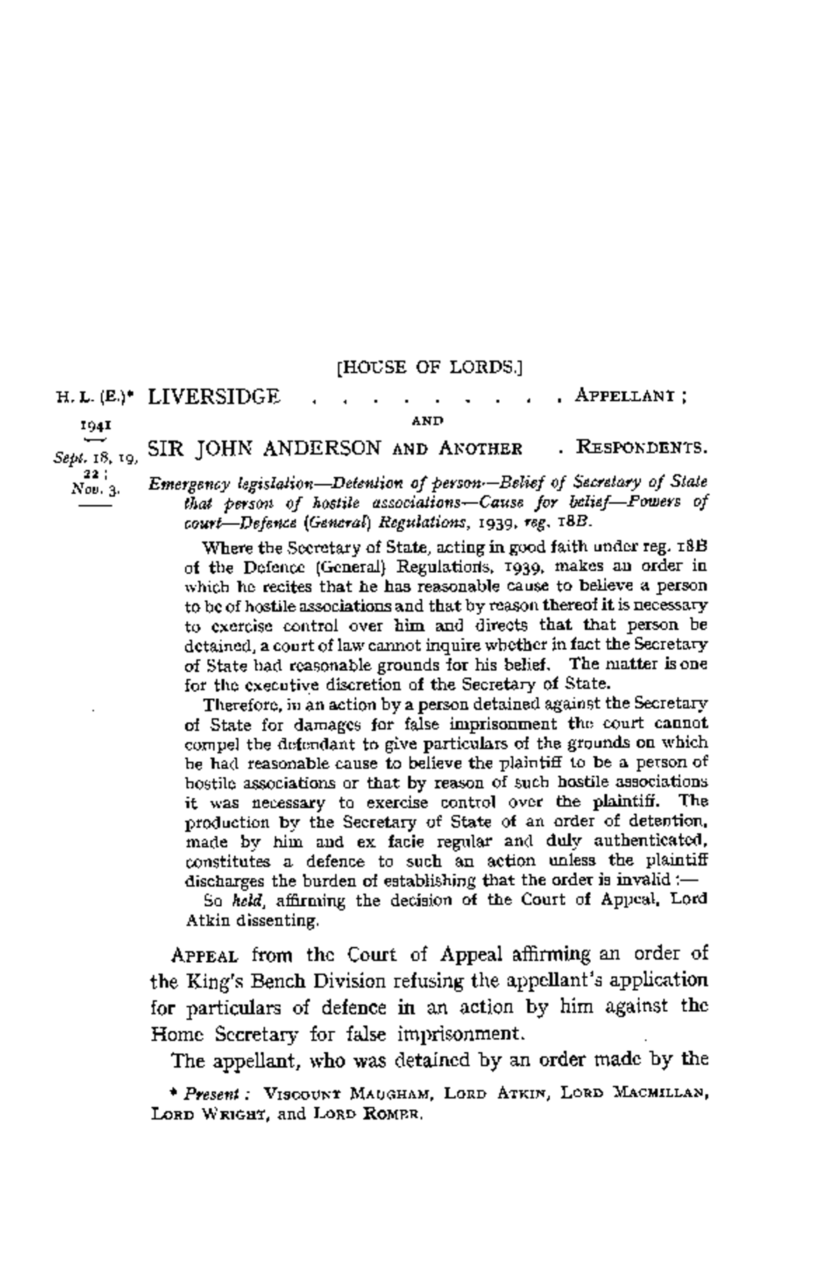 Liversidge v Anderson - Summary Introducing Law & Justice - OF H. L ...