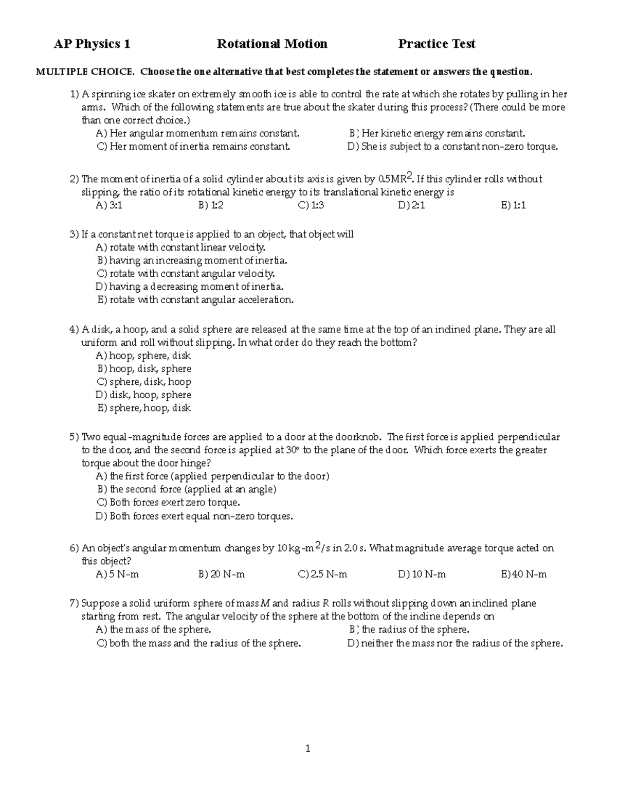 Rotational Motion Practice Test - AP Physics 1 Rotational Motion ...