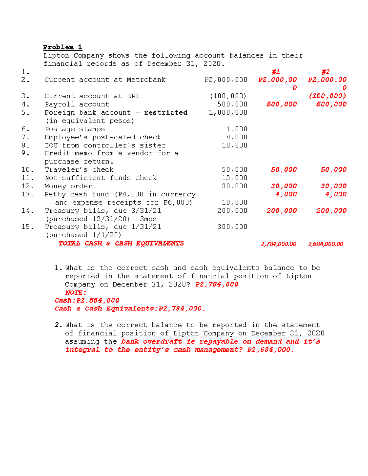 Practice Problem CCE Problem 1 Lipton Company shows the following
