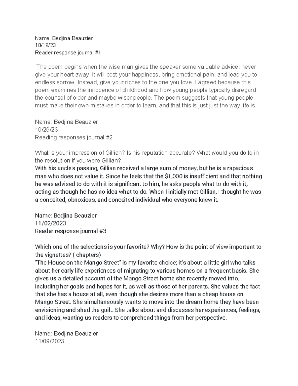 Untitled document 2 - Essay - Name: Bedjina Beauzier 10/19/ Reader ...