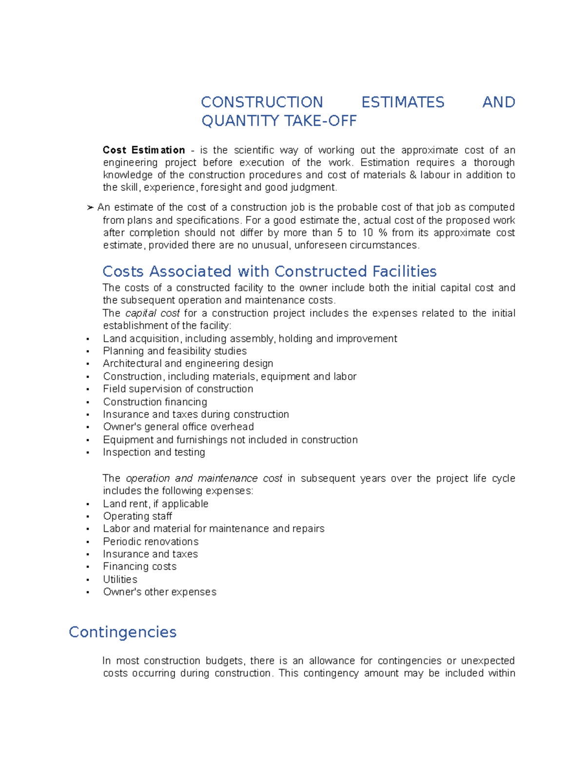Advanced Construction Method - CONSTRUCTION ESTIMATES AND QUANTITY TAKE ...