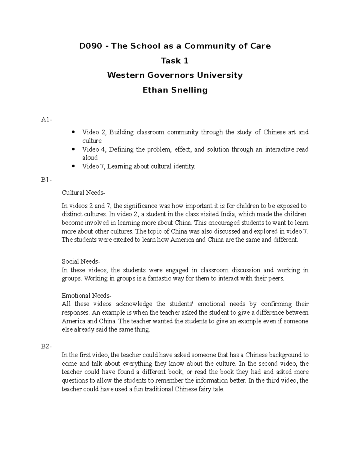 D090 - Task 1 - D090 - The School As A Community Of Care Task 1 Western ...