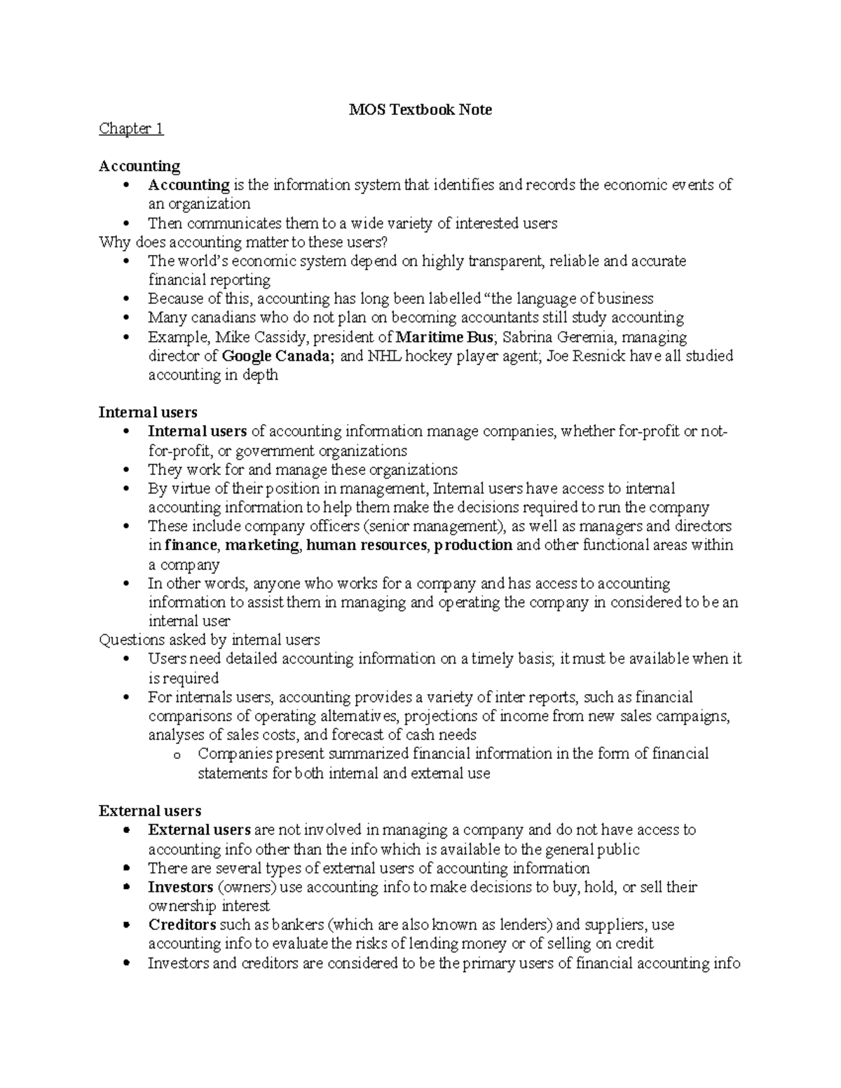 MOS textbook chapter 1 - notes - MOS Textbook Note Chapter 1 Accounting ...