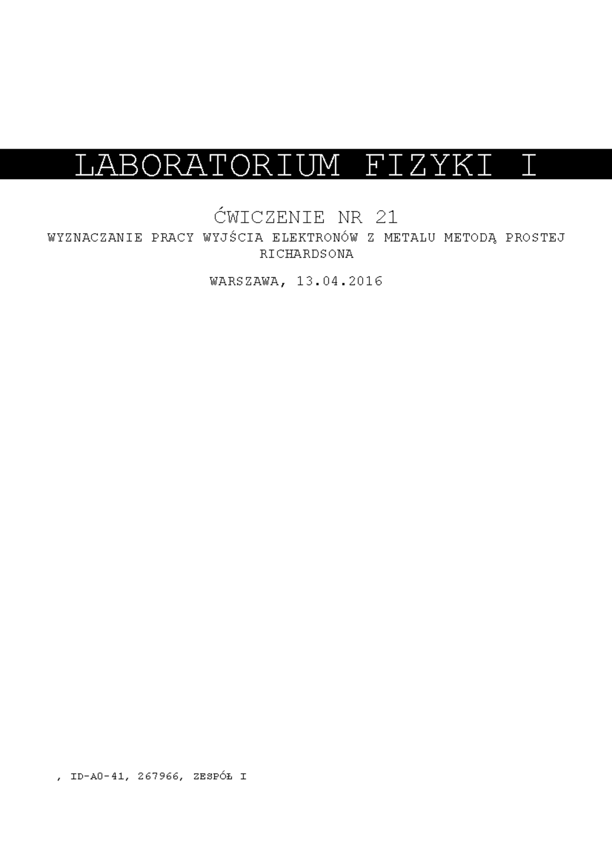 Fizyka 2 - Sprawozdanie Z ćw. 21 Laboratorium Fizyki - , ID-A0-41 ...