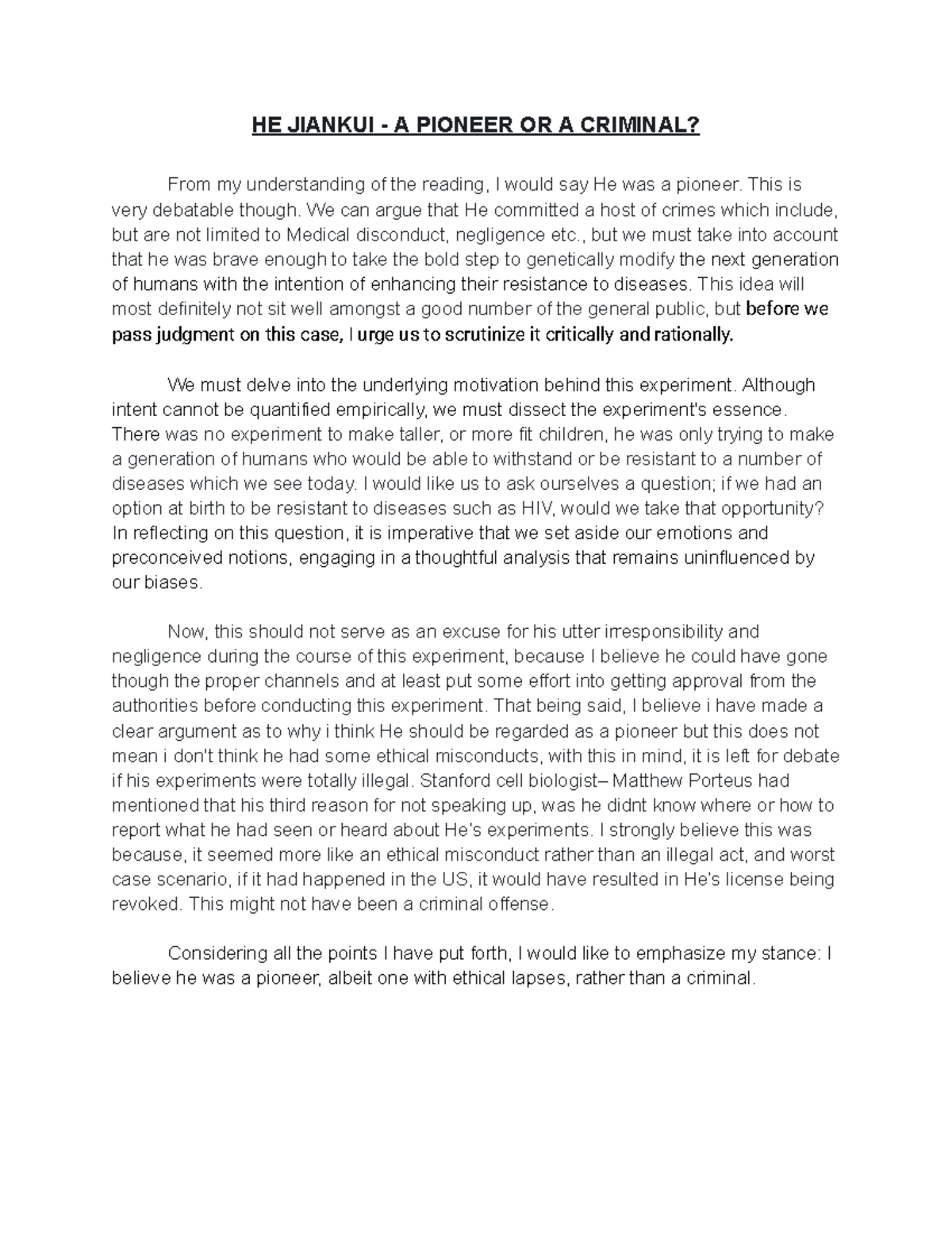 Micro Essay 3 Crispr Babies - HE JIANKUI - A PIONEER OR A CRIMINAL ...