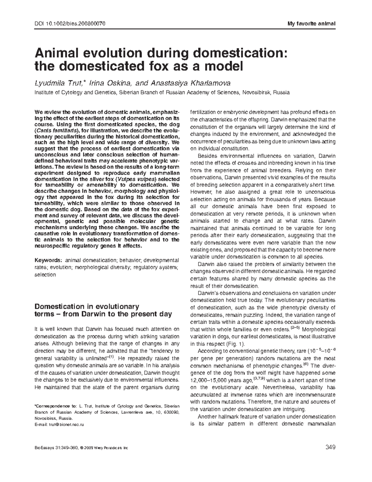 Trut2009 reading - Animal evolution during domestication: the ...