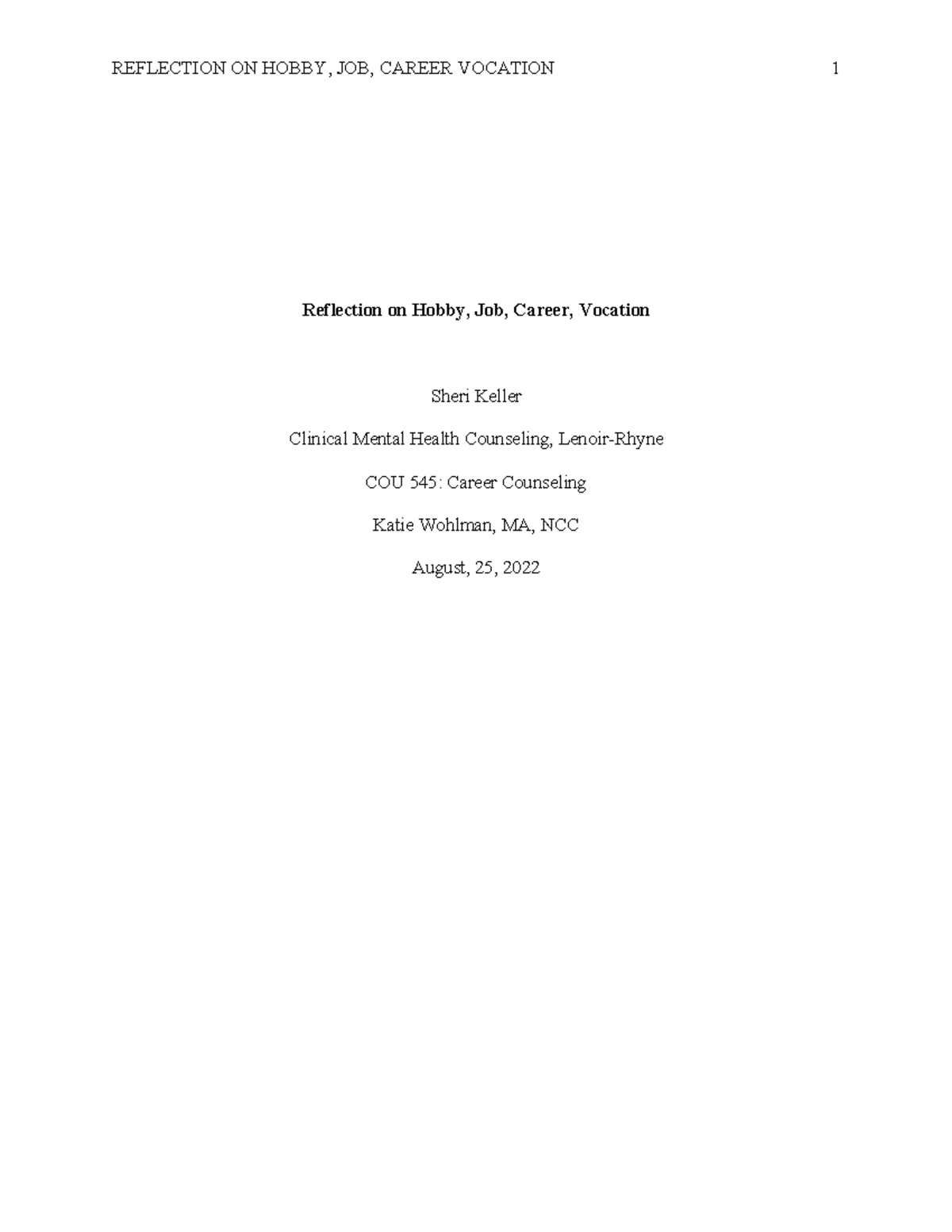 APAsampleCareers Sample Carrer Counseling APA REFLECTION ON HOBBY