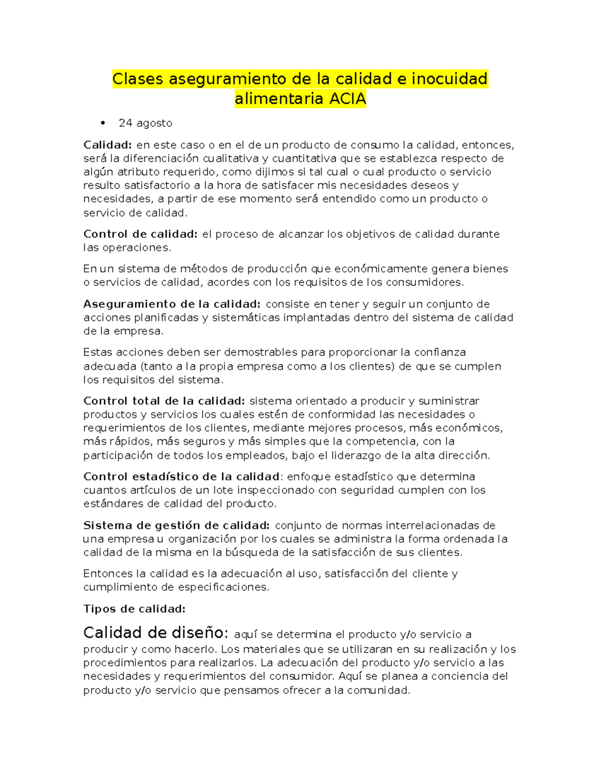 Clases aseguramiento de la calidad e inocuidad alimentaria ACIA ...