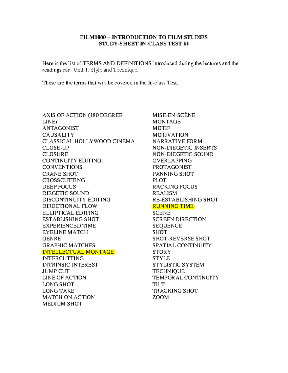 summary first exam study sheet film 1000 carleton discontinuity editing