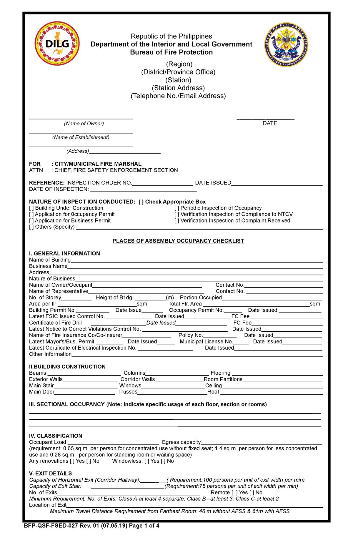 Fsed Checklist Places Of Assembly Occupancy Rev Department Of