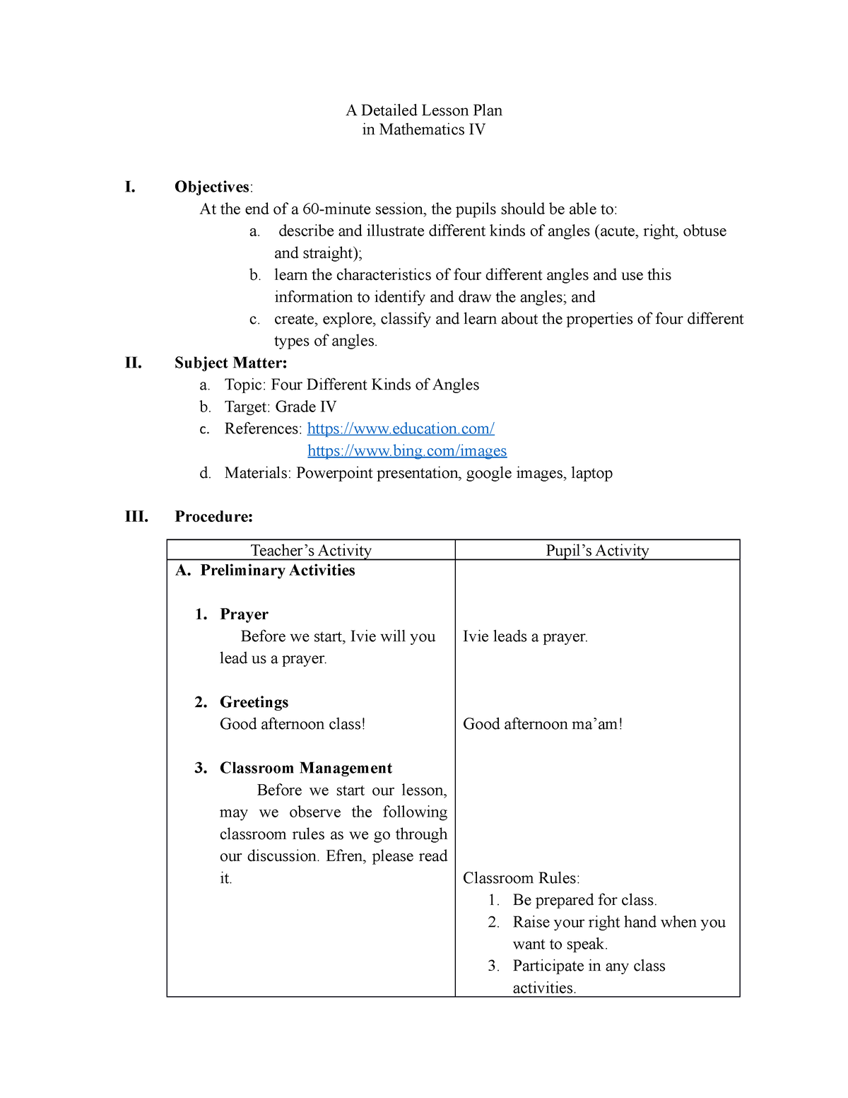 Lesson Plan melanie A Detailed Lesson Plan In Mathematics IV I 