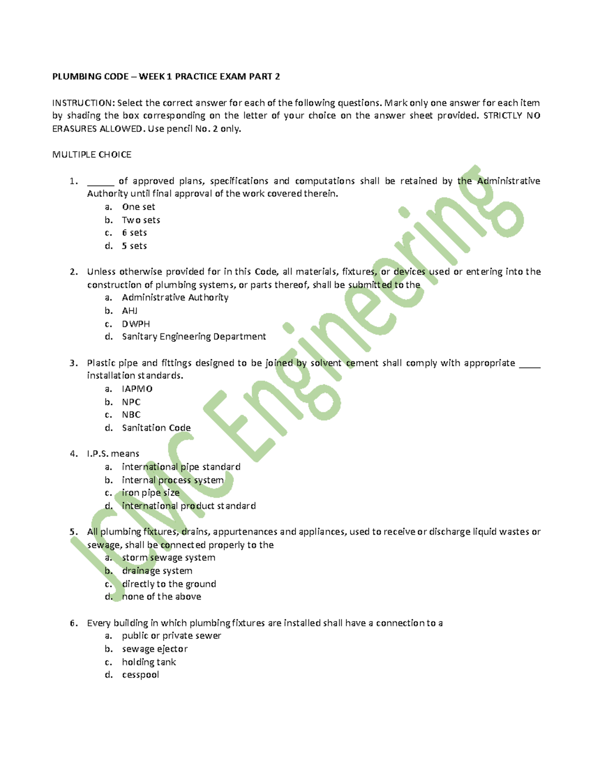 Plumbing Code Practice Exam Part 2 PLUMBING CODE WEEK 1 PRACTICE