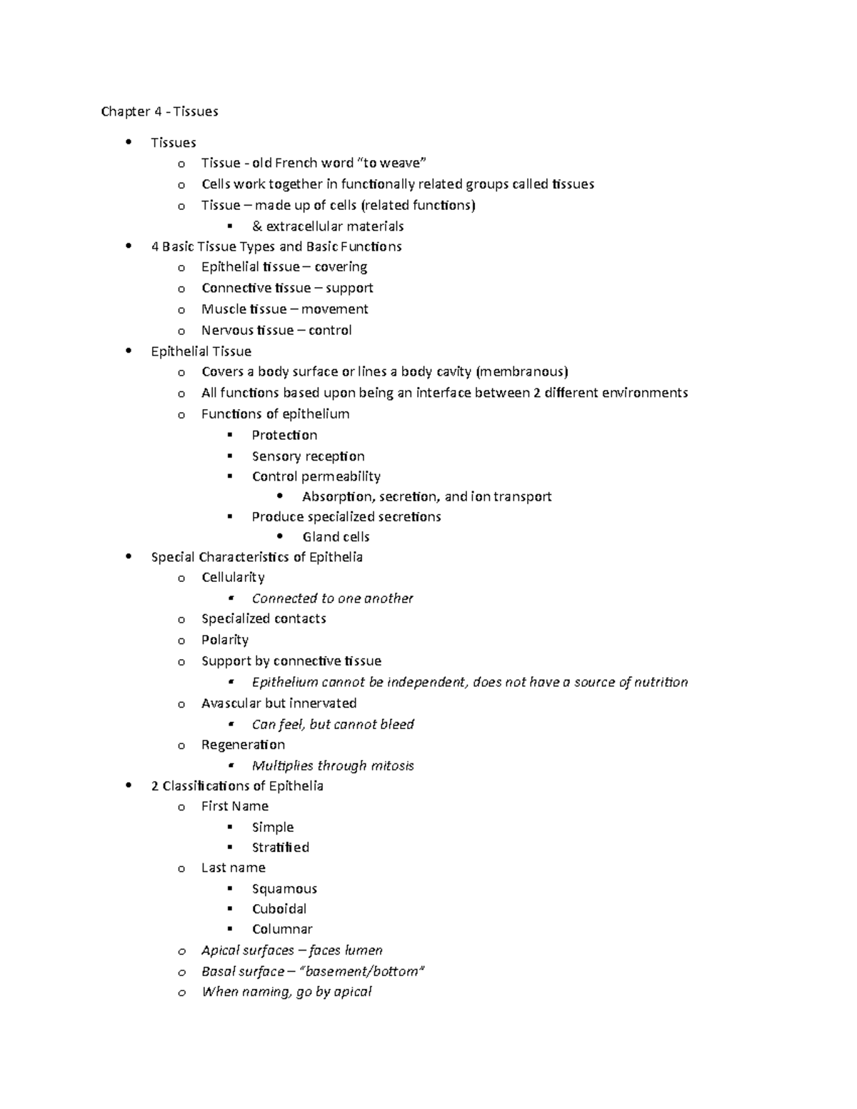 Chapter 4 Tissues Notes Chapter 4 Tissues Tissues o Tissue old