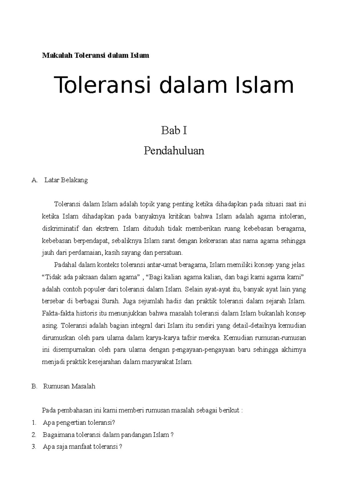 Makalah Toleransi Dalam Islam - Makalah Toleransi Dalam Islam Toleransi ...