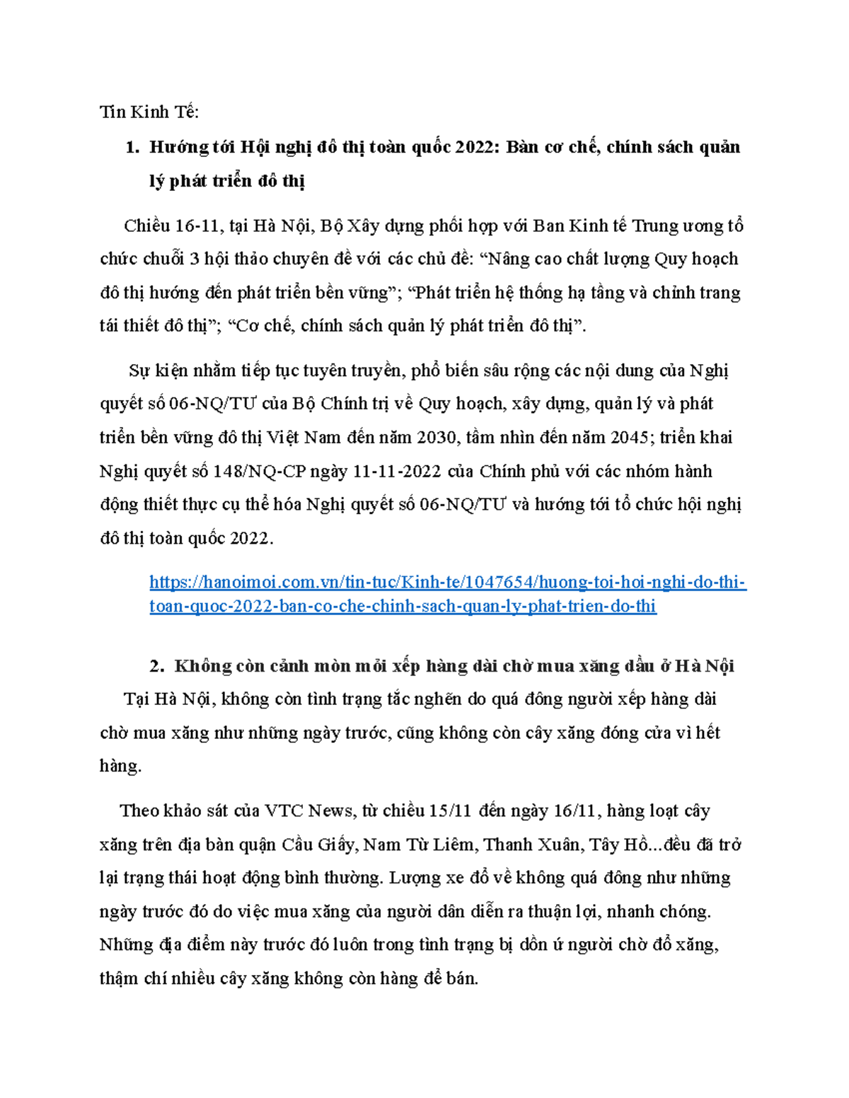 Tin Kinh Tế don't consult Tin Kinh Tế 1. Hướng tới Hội nghị đô thị