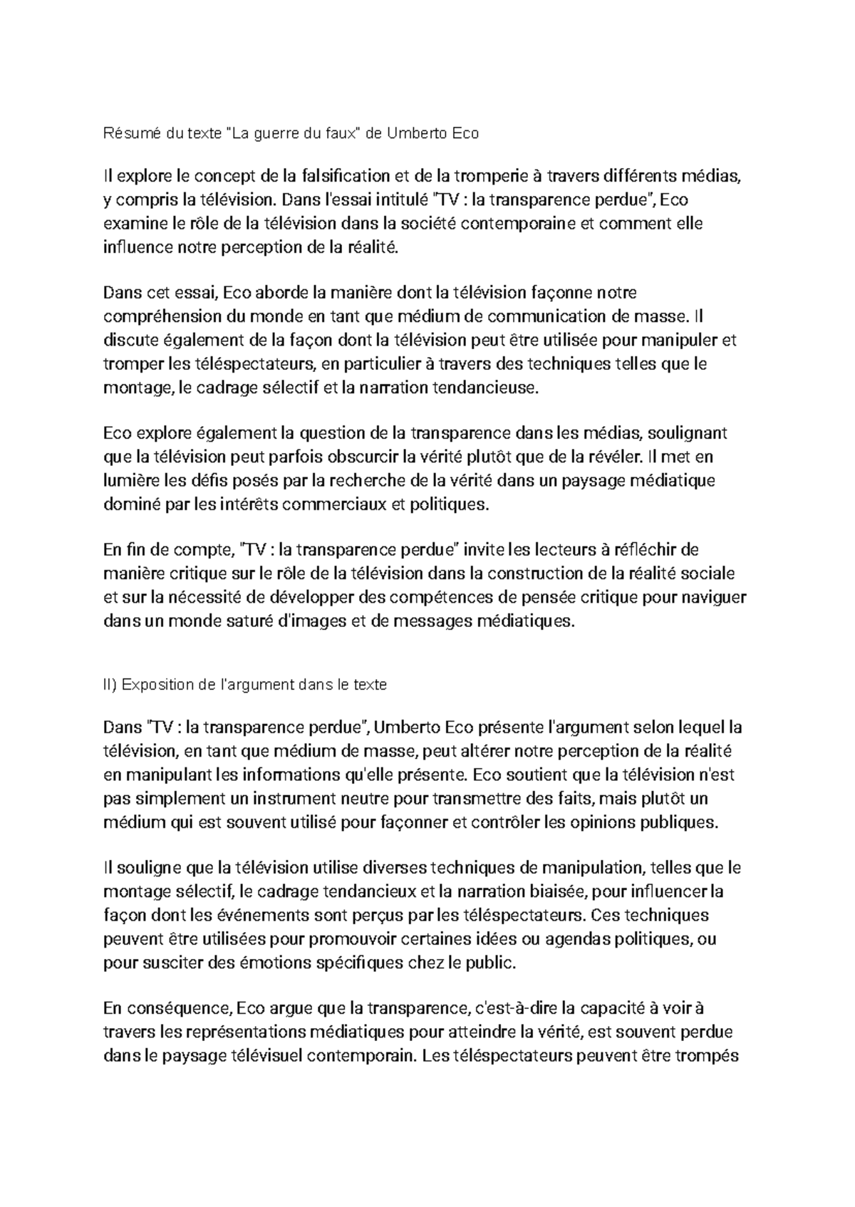 Résumé du texte “La guerre du faux” de Umberto Eco Résumé du texte