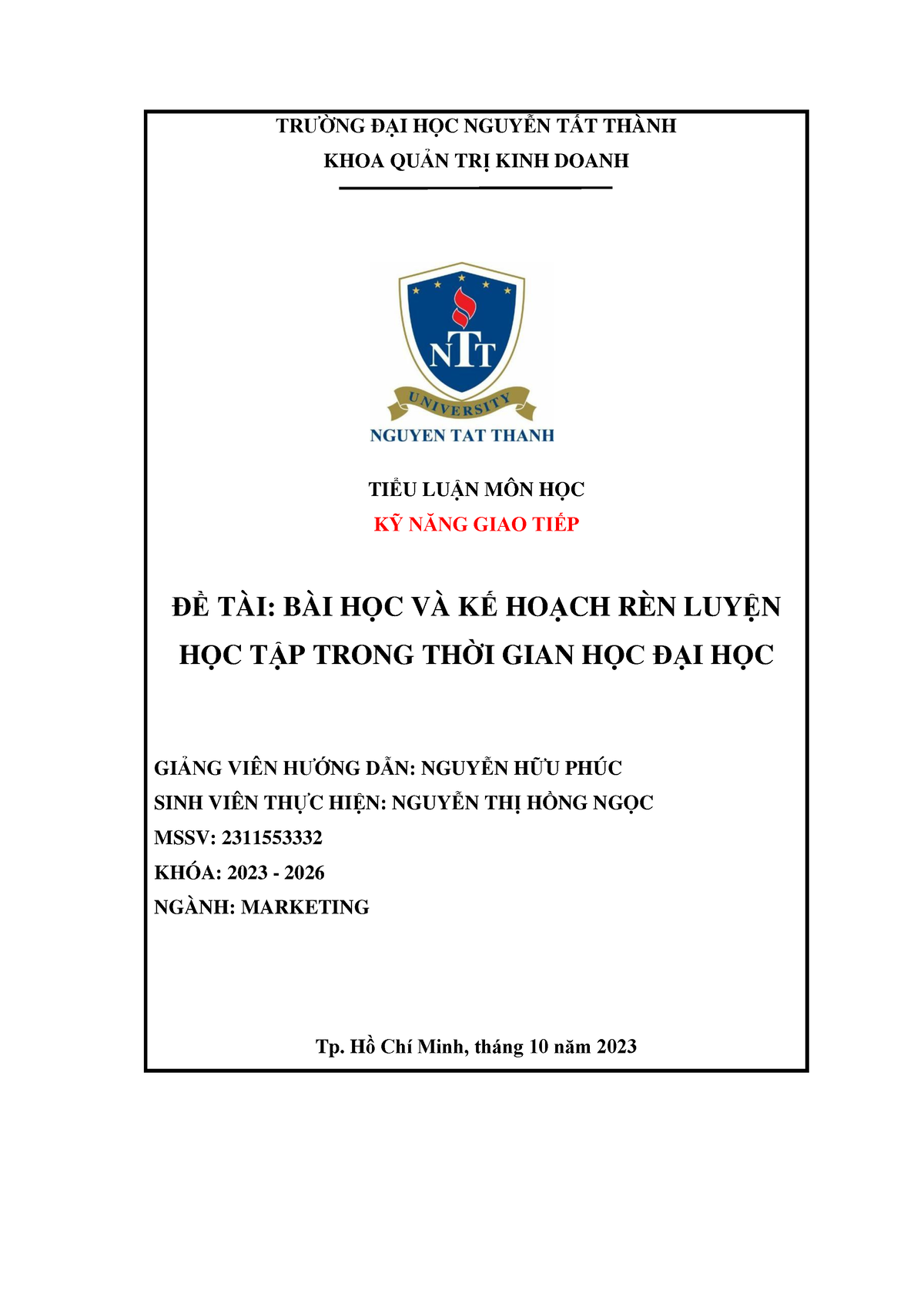 Tieu Luan KNGT1 Nguyen Thi Hong Ngoc 23KNGT.D1.07 - TRƯỜNG ĐẠI HỌC ...