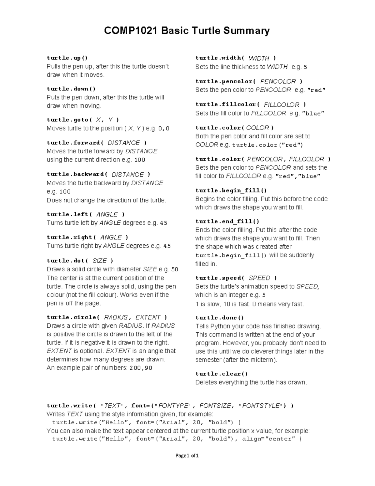 13 basic turtle graphics summary f2023 - COMP1021 Basic Turtle Summary ...