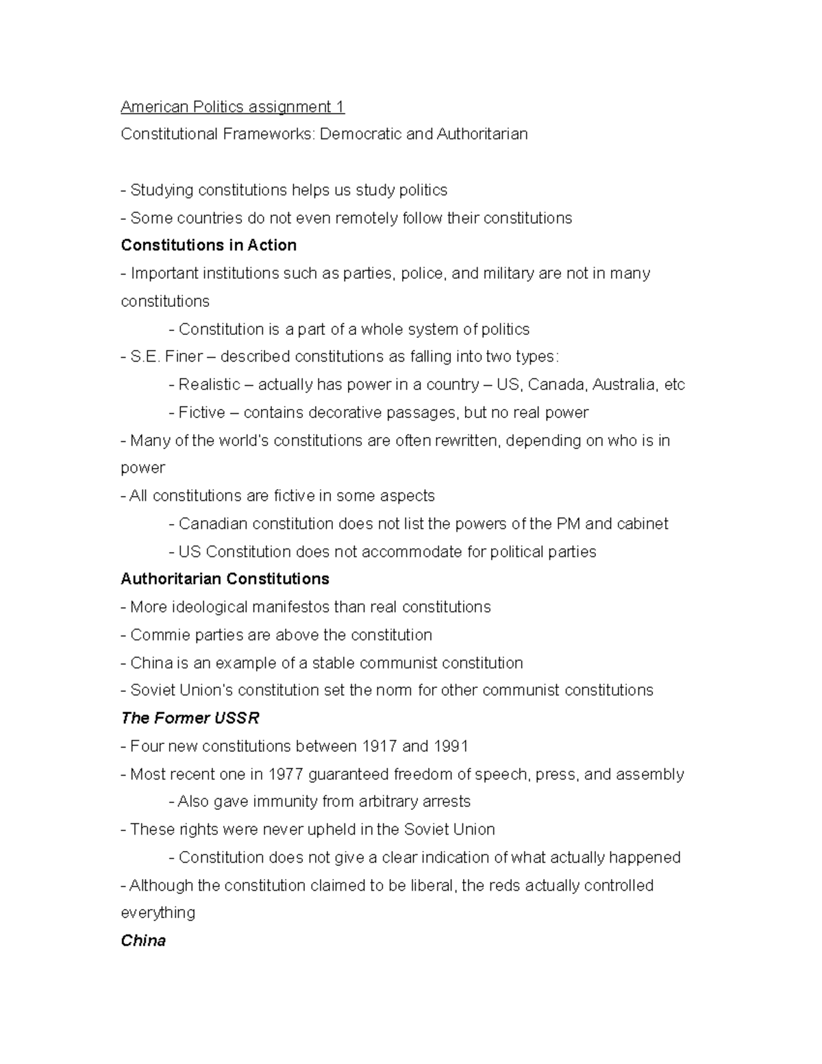 American Politics Assignment 1 E Finer Described Constitutions As Falling Into Two Types Studocu