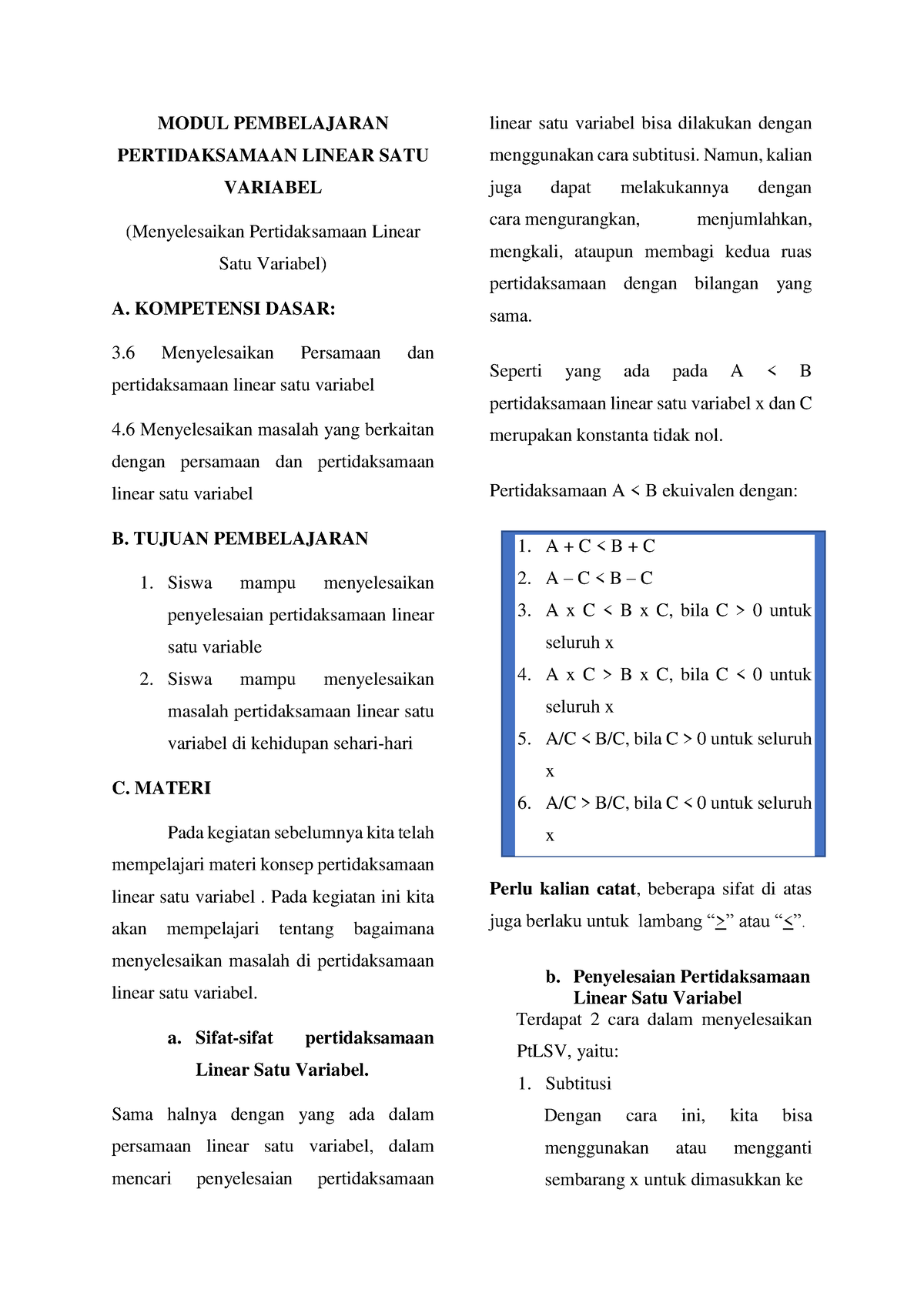 Modul Penyelesaian Pembelajaran Pertidaksamaan Linear SATU Variabel ...