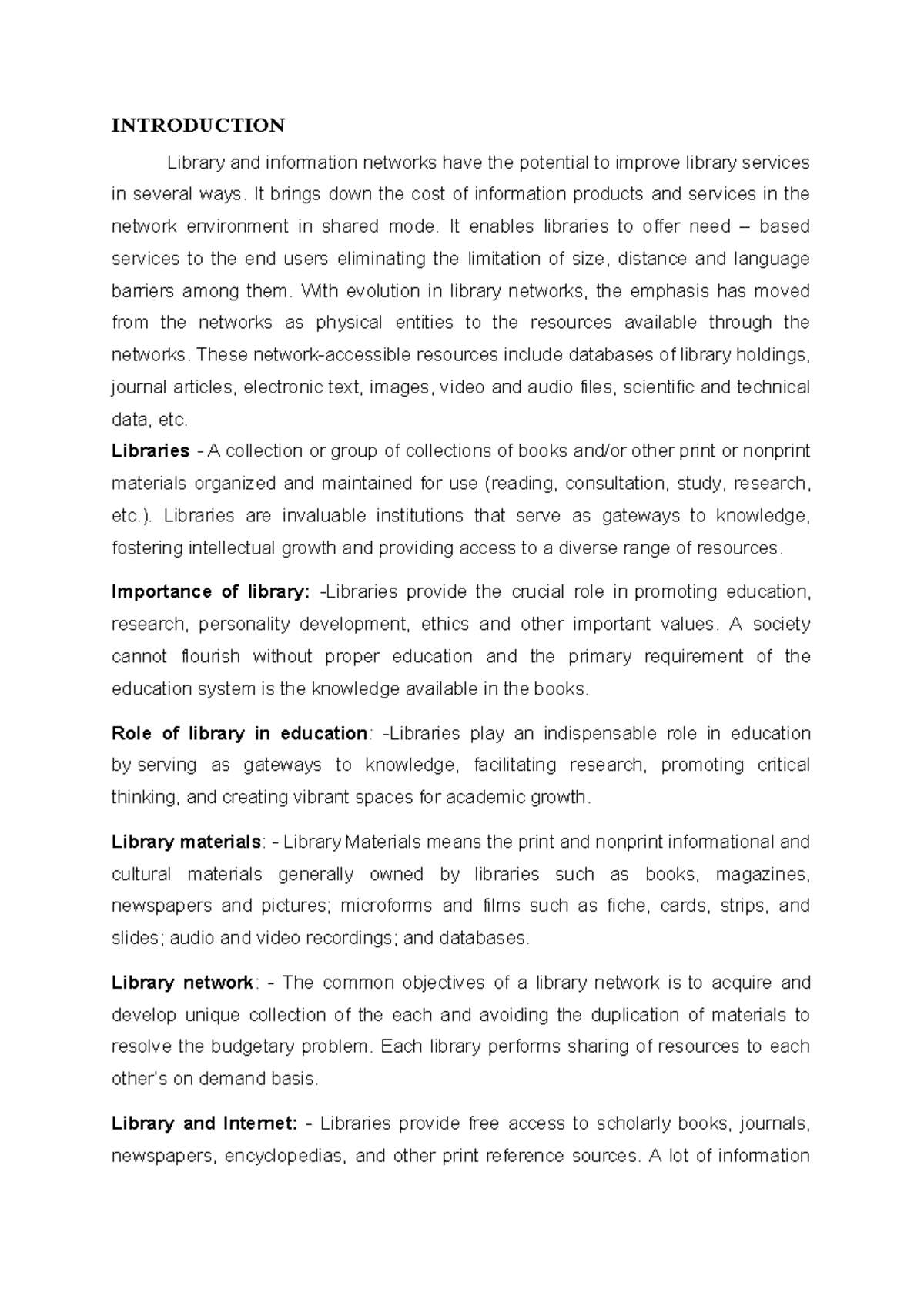SIV-Libraries Nw&Internet - INTRODUCTION Library and information ...